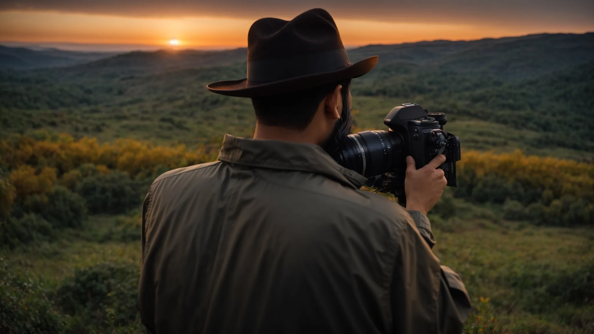 a photographer intently reviews images on a camera display amidst a serene landscape, carefully framing a magnificent sunset.