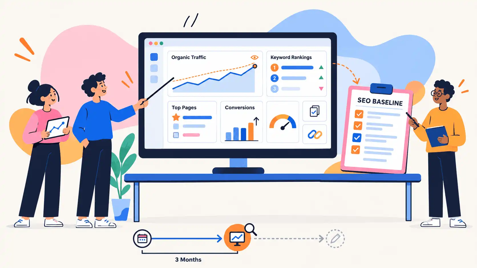 Team reviewing organic traffic, keyword rankings, top pages and conversions on a dashboard to set an SEO baseline before a redesign