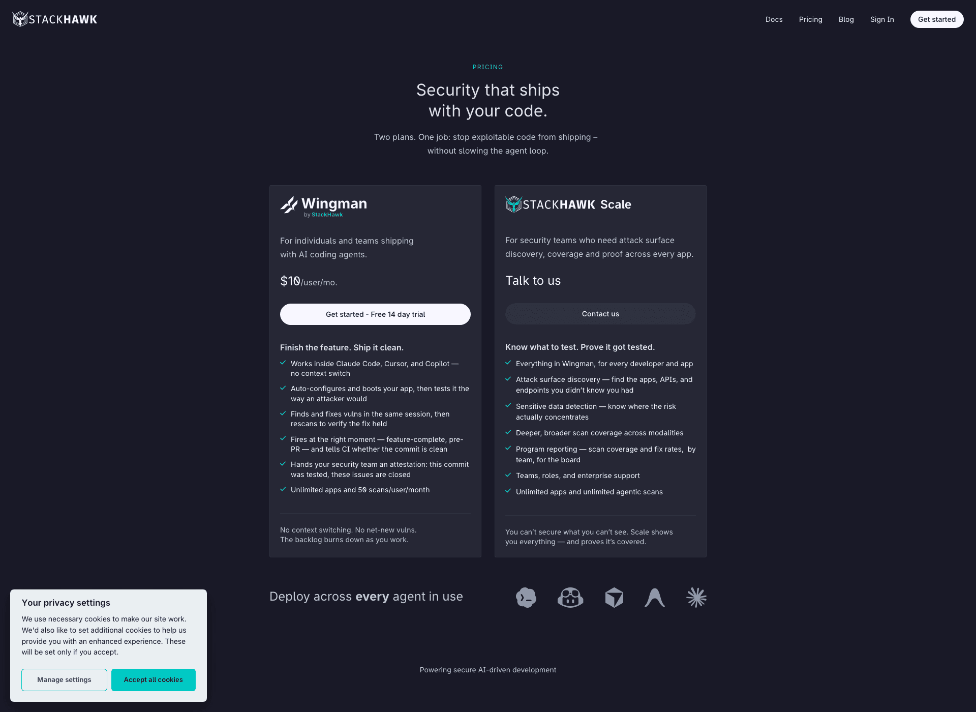 StackHawk pricing page showing Wingman at $10 per user per month and Scale as a sales-scoped plan