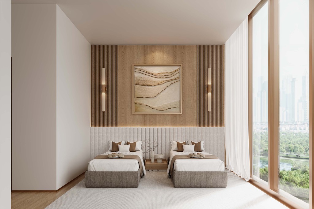 A modern bedroom featuring wooden walls and a stylish bed, designed for comfort at Wynwood Horizon.
