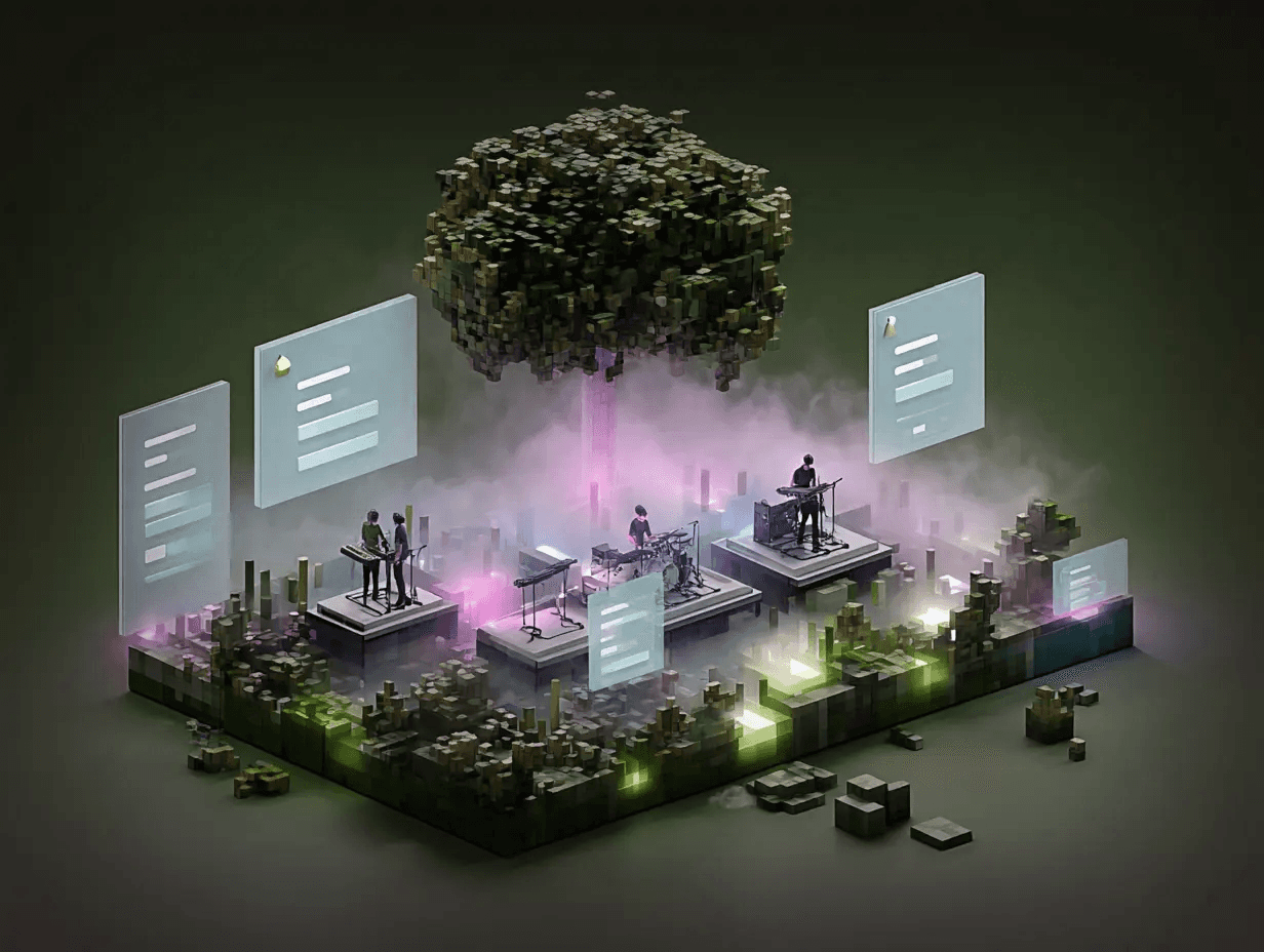 Voxel band performing on illuminated platforms, symbolizing collaboration, creativity and shared values of the Byte/Me Design team.