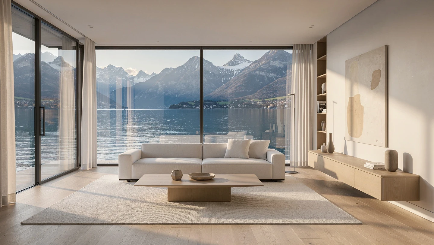 Salon luxe rénové vue lac Alpes suisses coordination travaux TOR Rénovation