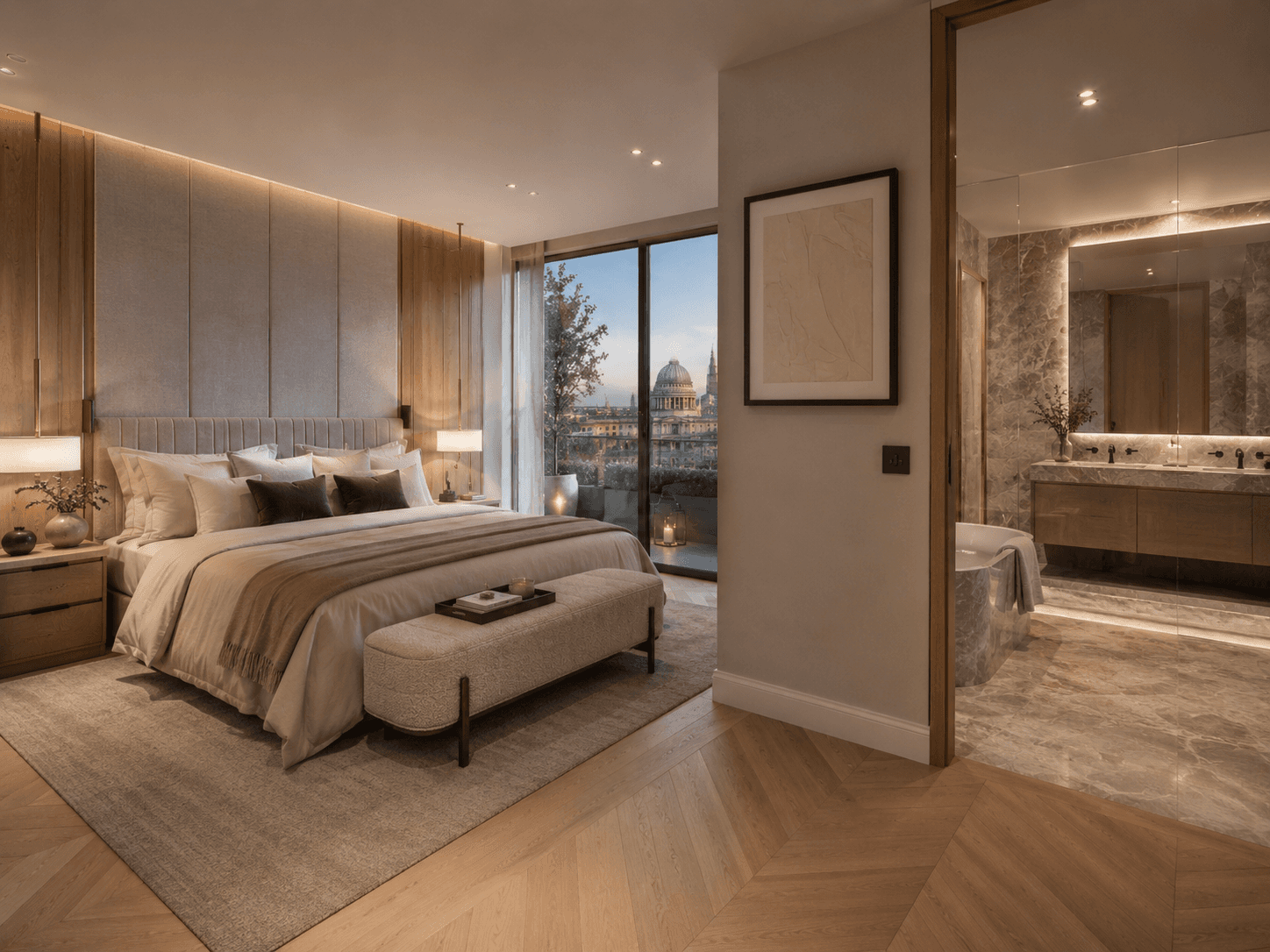 Luxury penthouse bedroom with plush bedding, warm wood details, city views, and an open marble bathroom suite.