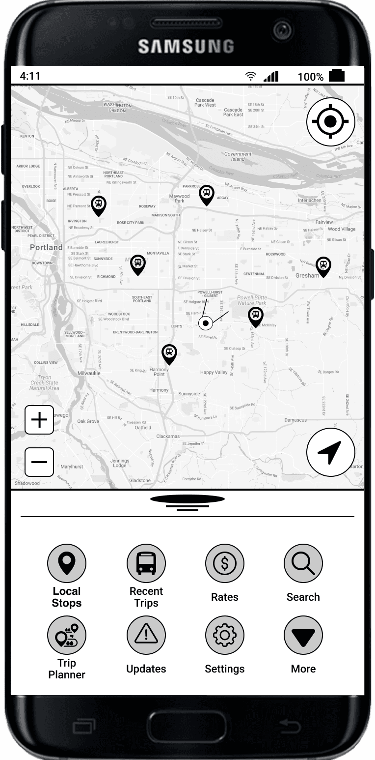 A wireframe of a mobile transport app's home screen