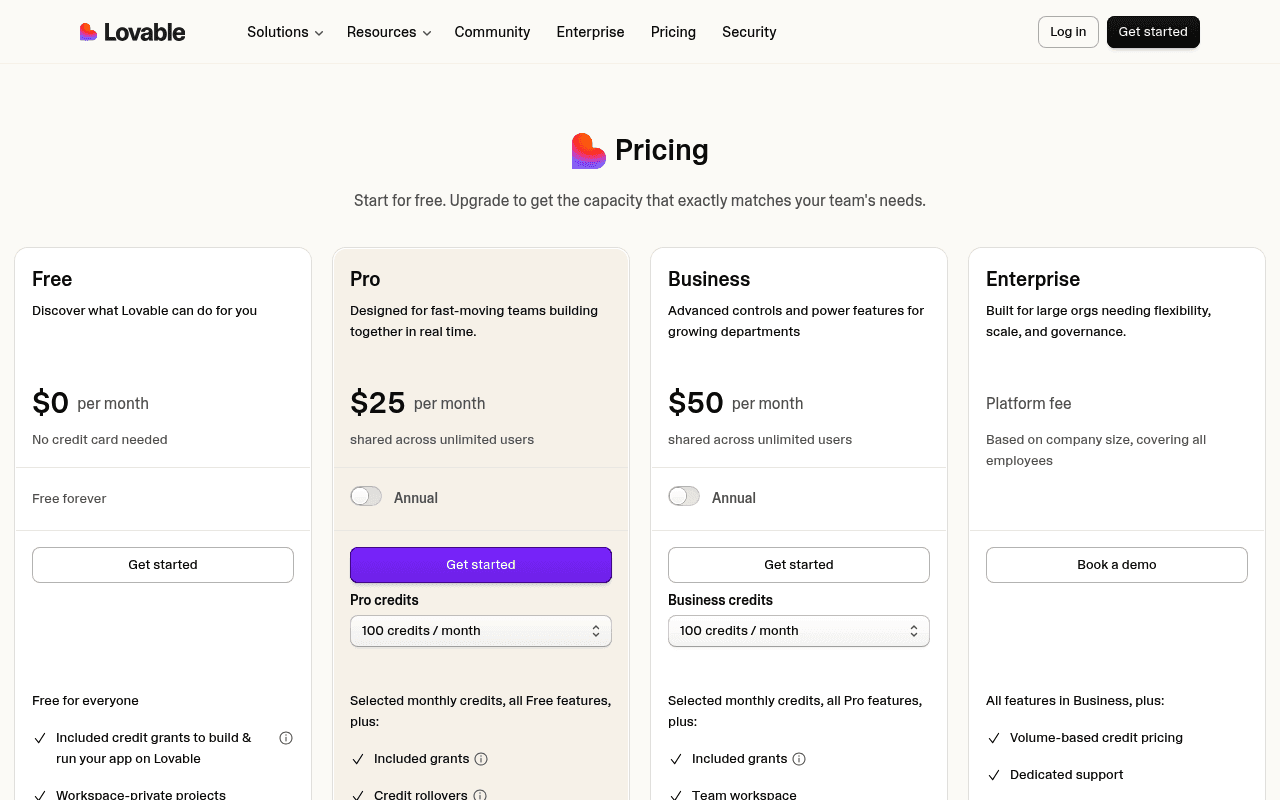 Lovable pricing page showing Free, Pro, Business, and Enterprise plans