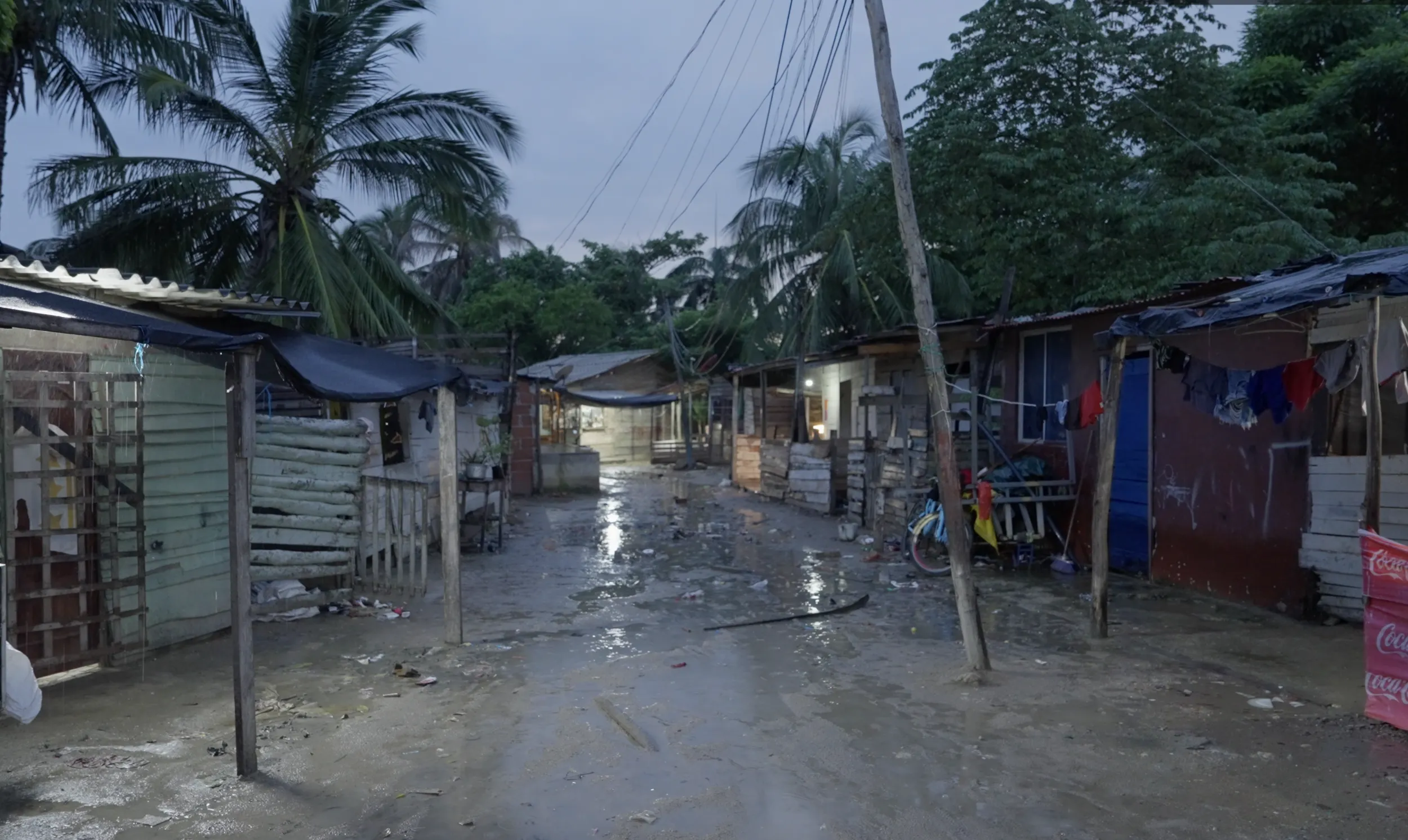 A dimly lit, muddy street in a rural area at dusk. Small houses with tin roofs line the road, some with hanging laundry. Palm trees are visible in the background, and a bike is parked beside one of the homes. Puddles reflect the overcast sky.