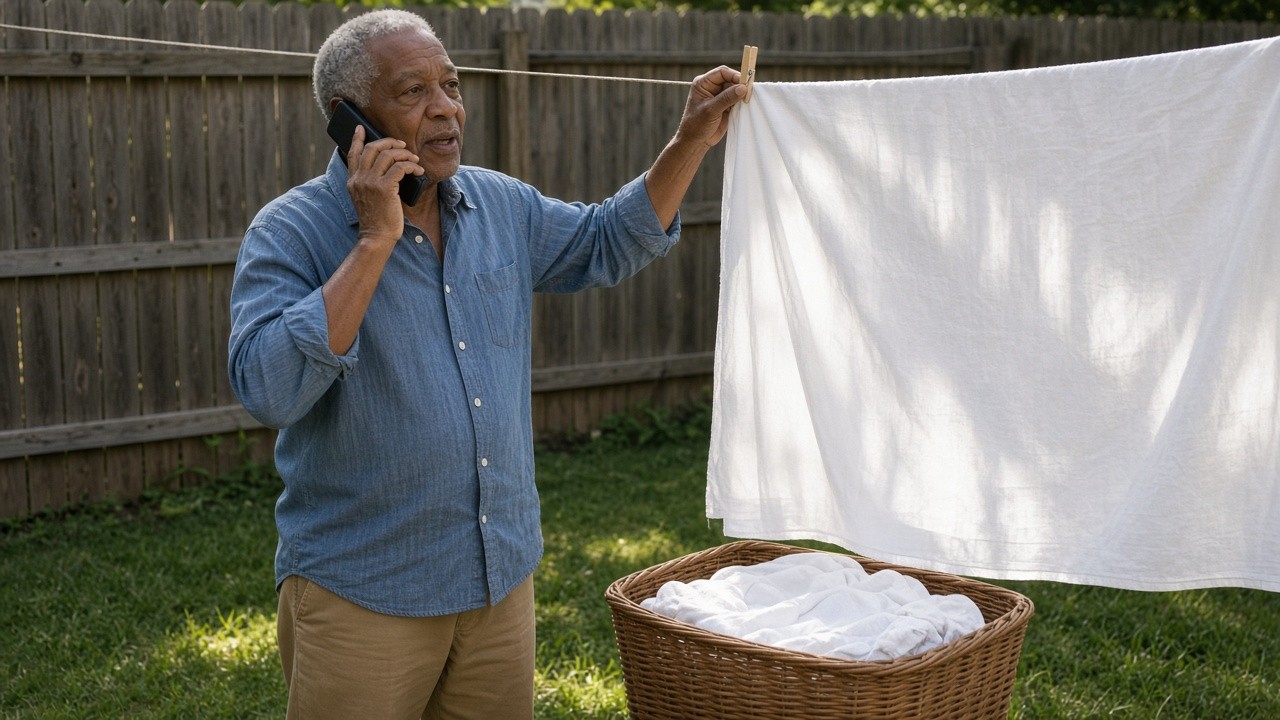 This image shows an elderly man outdoors in a backyard, engaging in a phone conversation while hanging a white cloth on a clothesline using a clothespin. He is dressed casually in a denim shirt and beige pants. A wicker laundry basket filled with white linens is positioned in front of him on the grass. The setting includes a wooden fence and green grass, indicating a residential backyard. This image could be used to illustrate multitasking, daily chores, seniors' lifestyle, or communication methods.