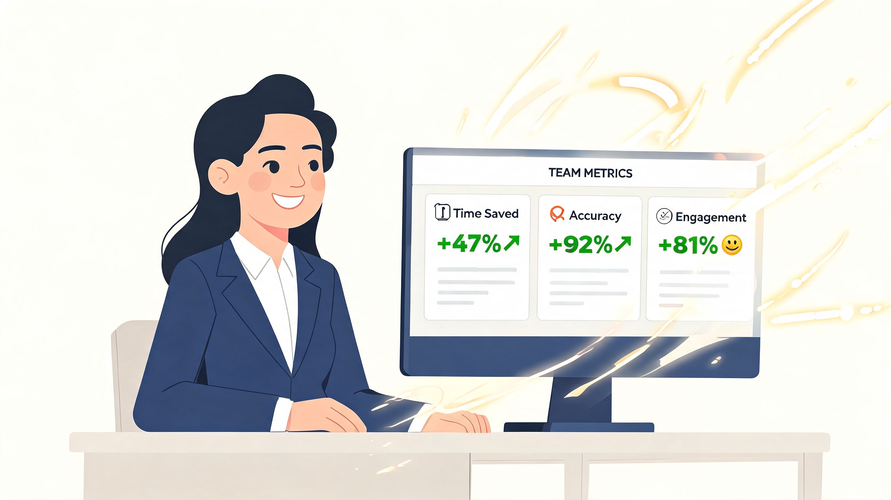 A professional woman viewing positive team performance metrics like time saved, accuracy, and engagement on a computer screen.
