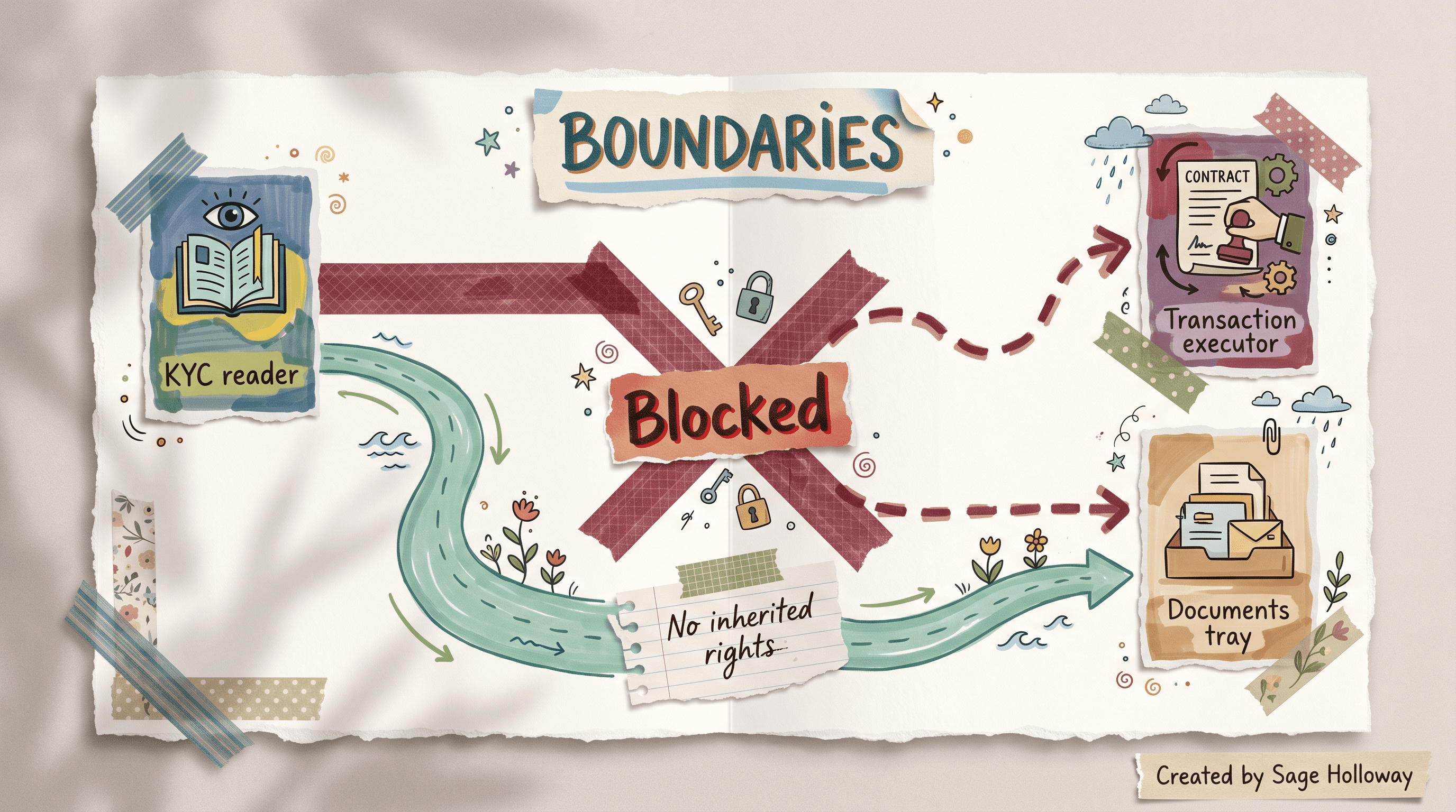 Scrapbook diagram showing a KYC reader agent blocked from a transaction executor path