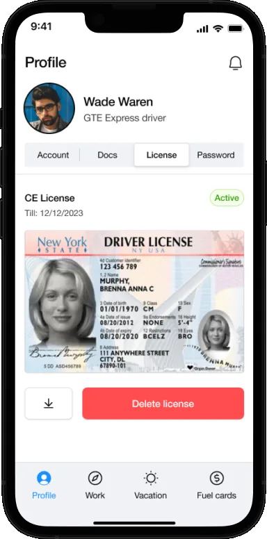 GTE driver license document management screen