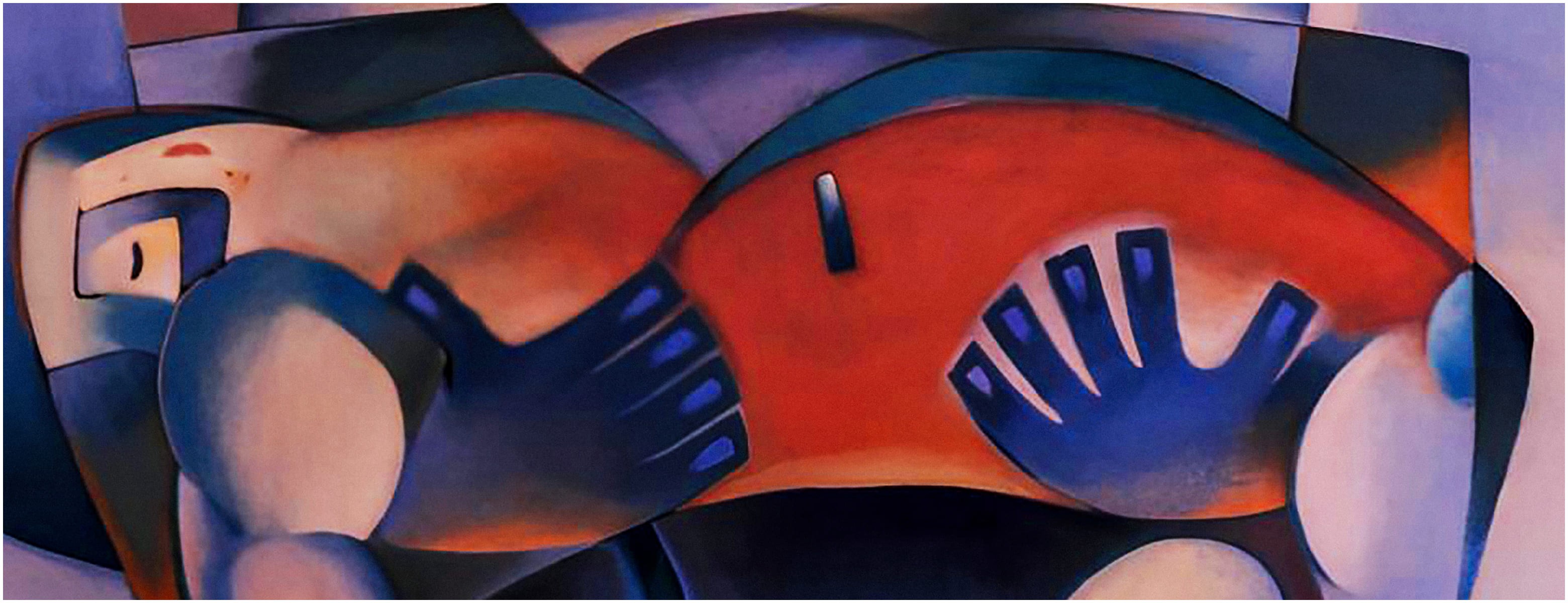 Close-up of abstract human torso with geometric shapes and warm color contrasts.