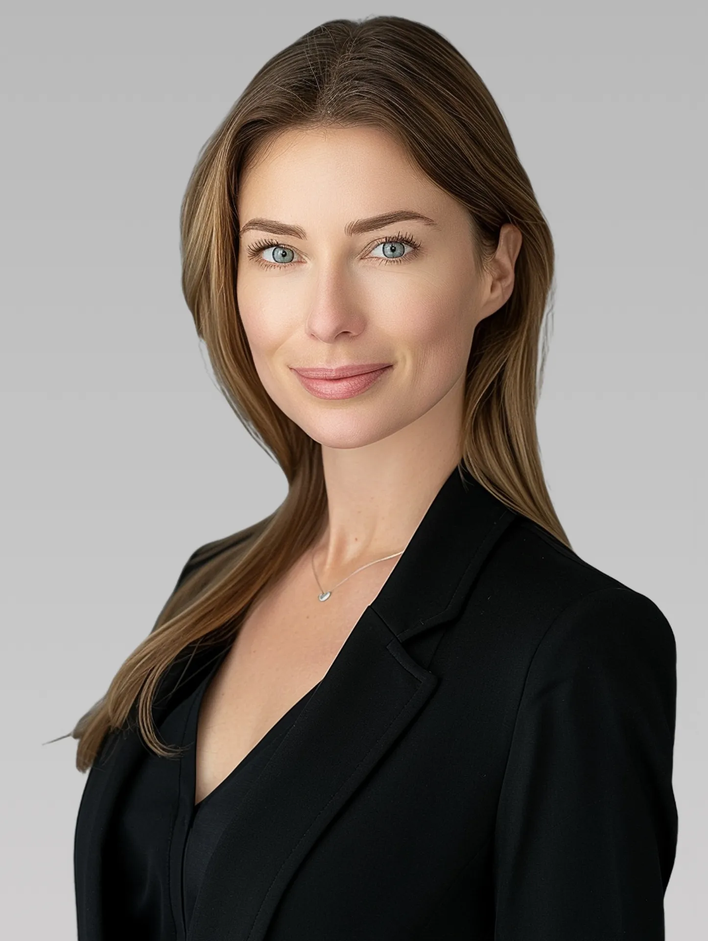 A professional portrait of a woman in a black blazer against a neutral background.