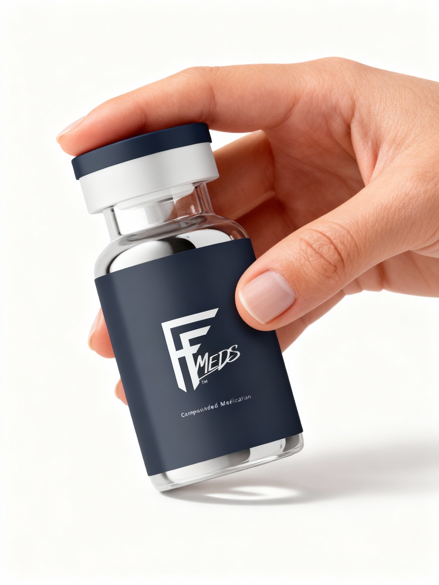 A hand holds a small tube of product against a light background.