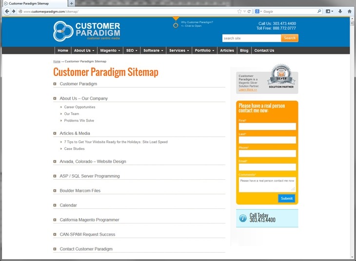 Screen shot of Customer Paradigm's sitemap