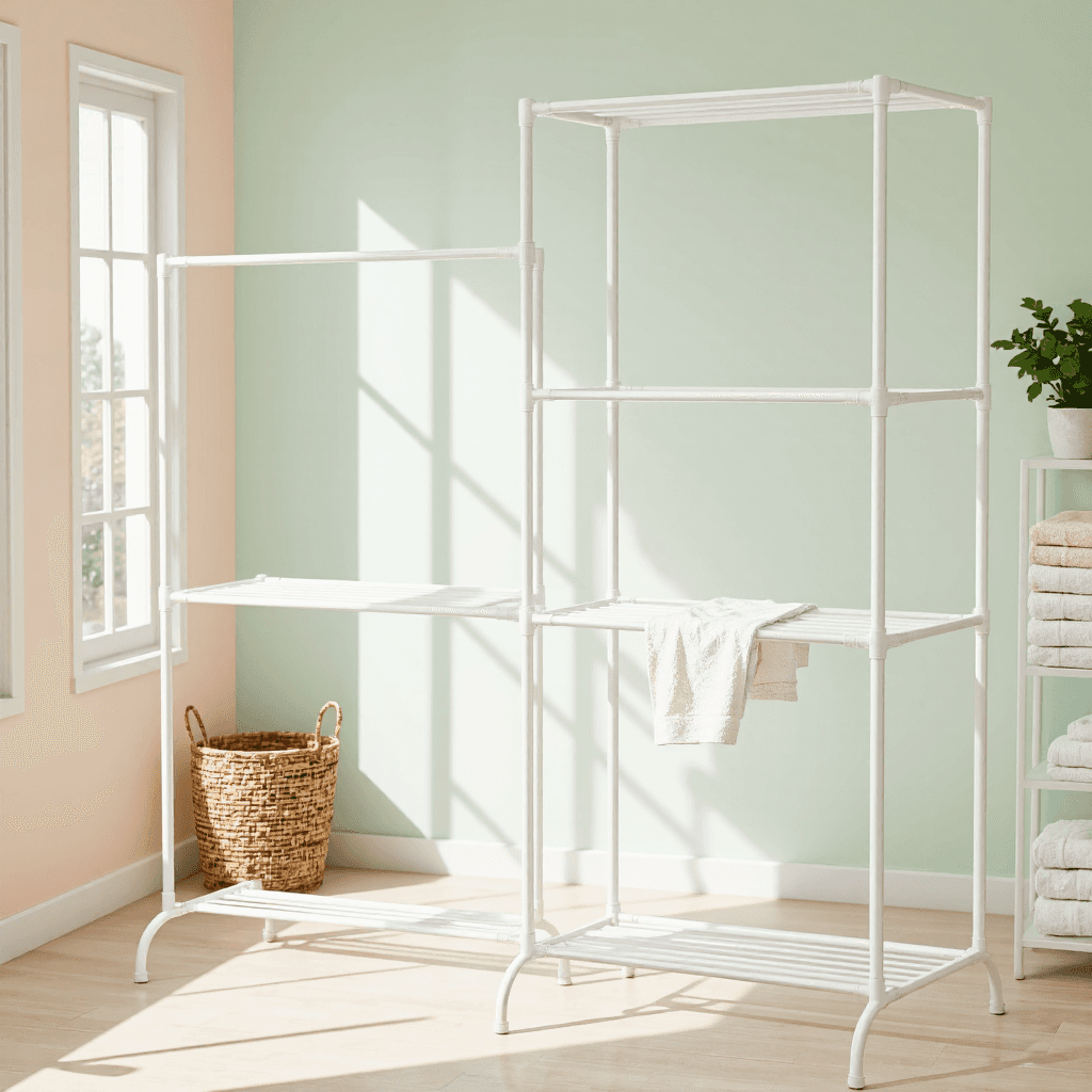 product photography of a set of drying racks for clothes
