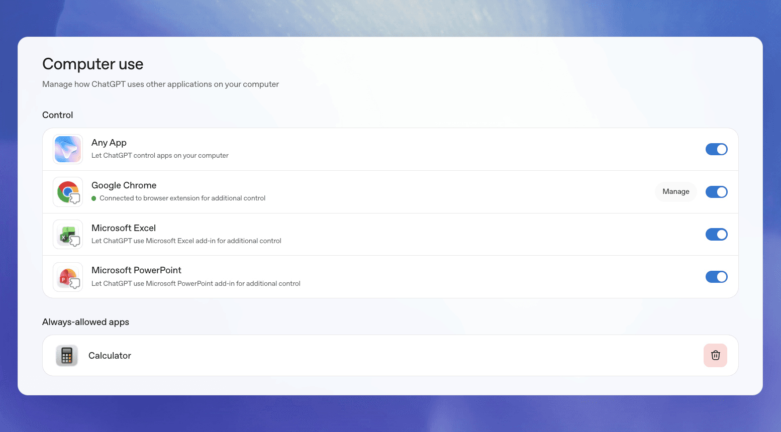 Computer Use settings showing application permissions for controlling apps such as Chrome, Excel, and PowerPoint.