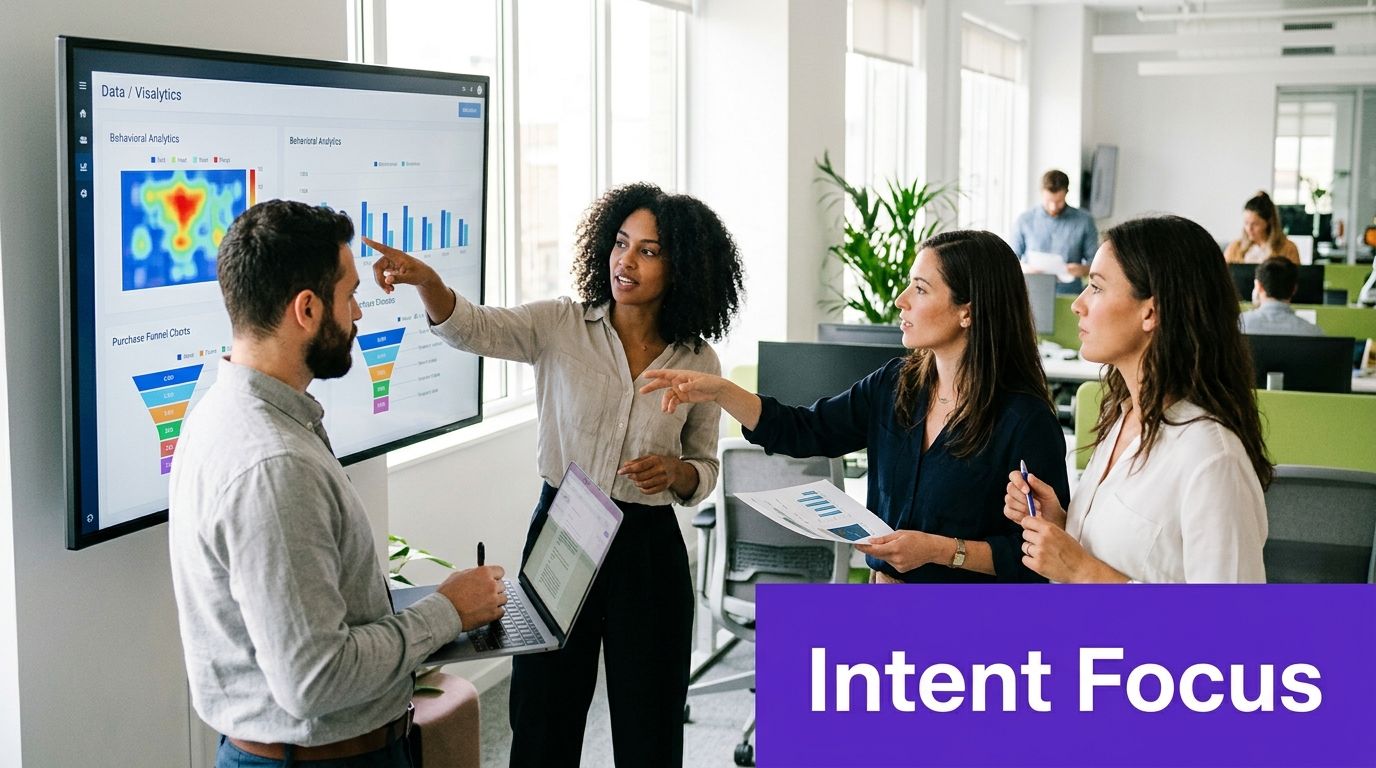A diverse team of professionals collaborate on data analysis in a bright modern office workspace.