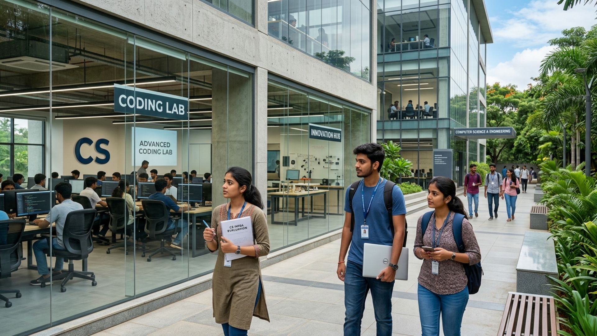Students walking past a coding lab at a private engineering college campus in Bangalore.