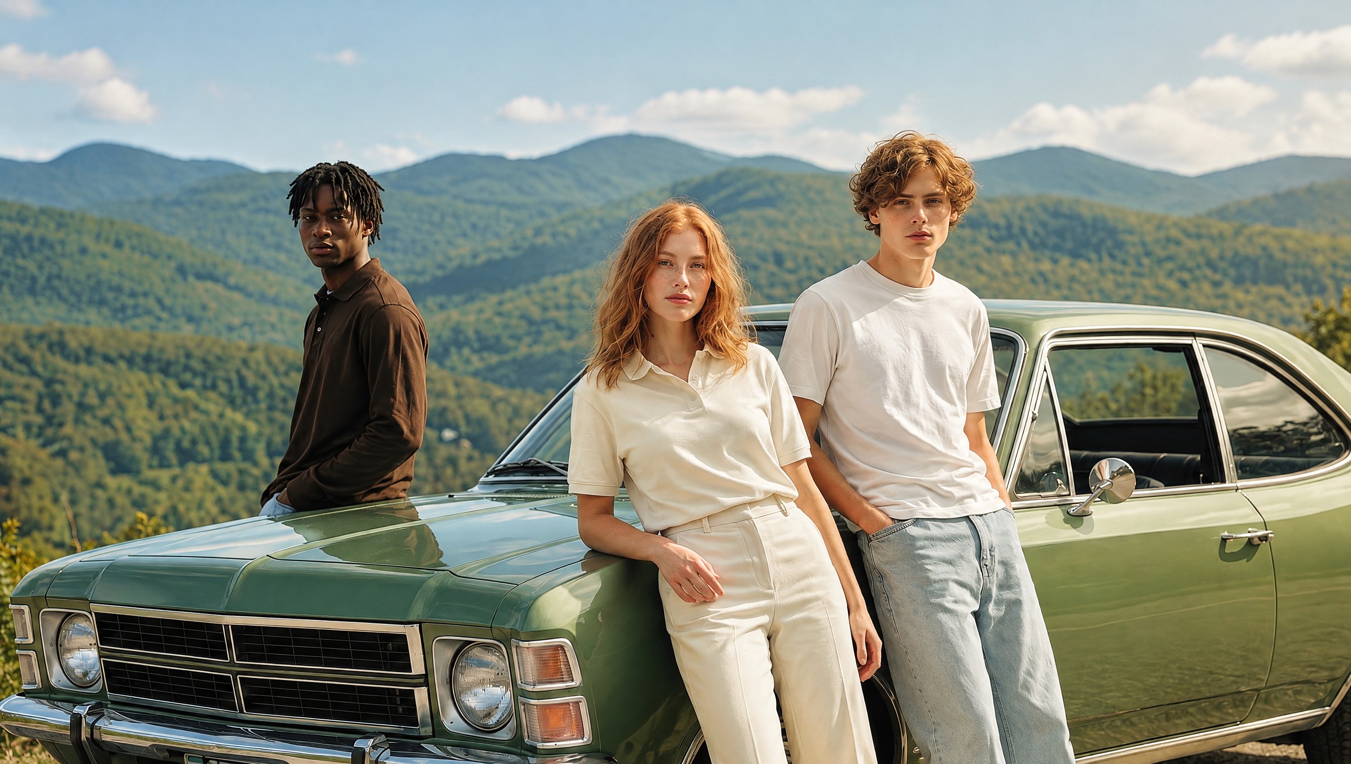 Three people in white, cream and brown leaning on a green vintage car on a hillside, with mountains behind.