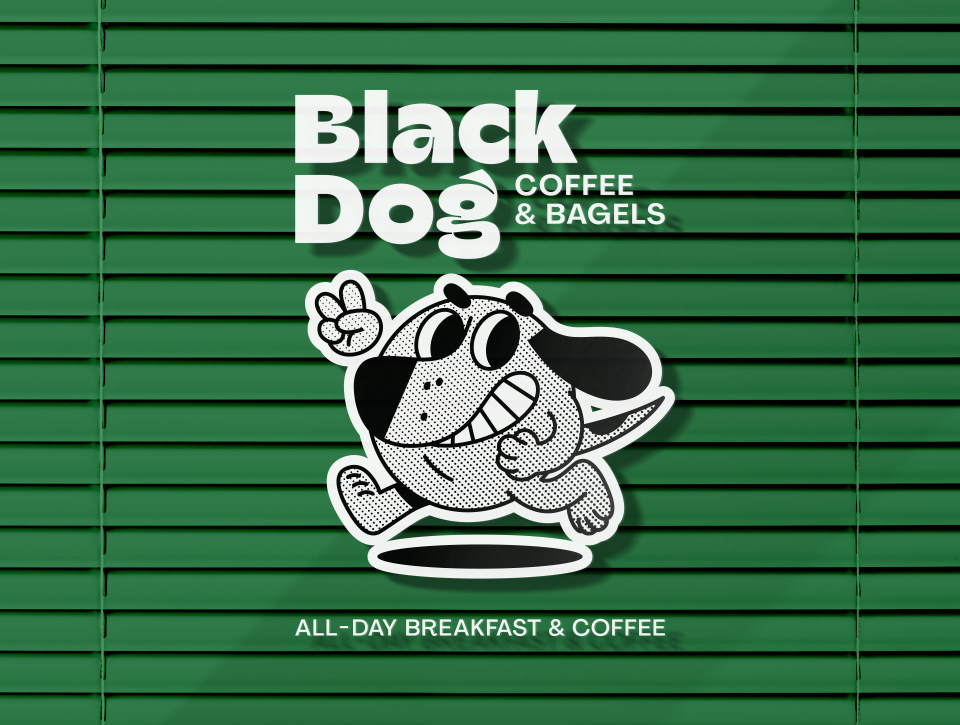 Black Dog Coffee & Bagels logo and running dog mascot on green shutters, coffee shop branding by FLOV Studio
