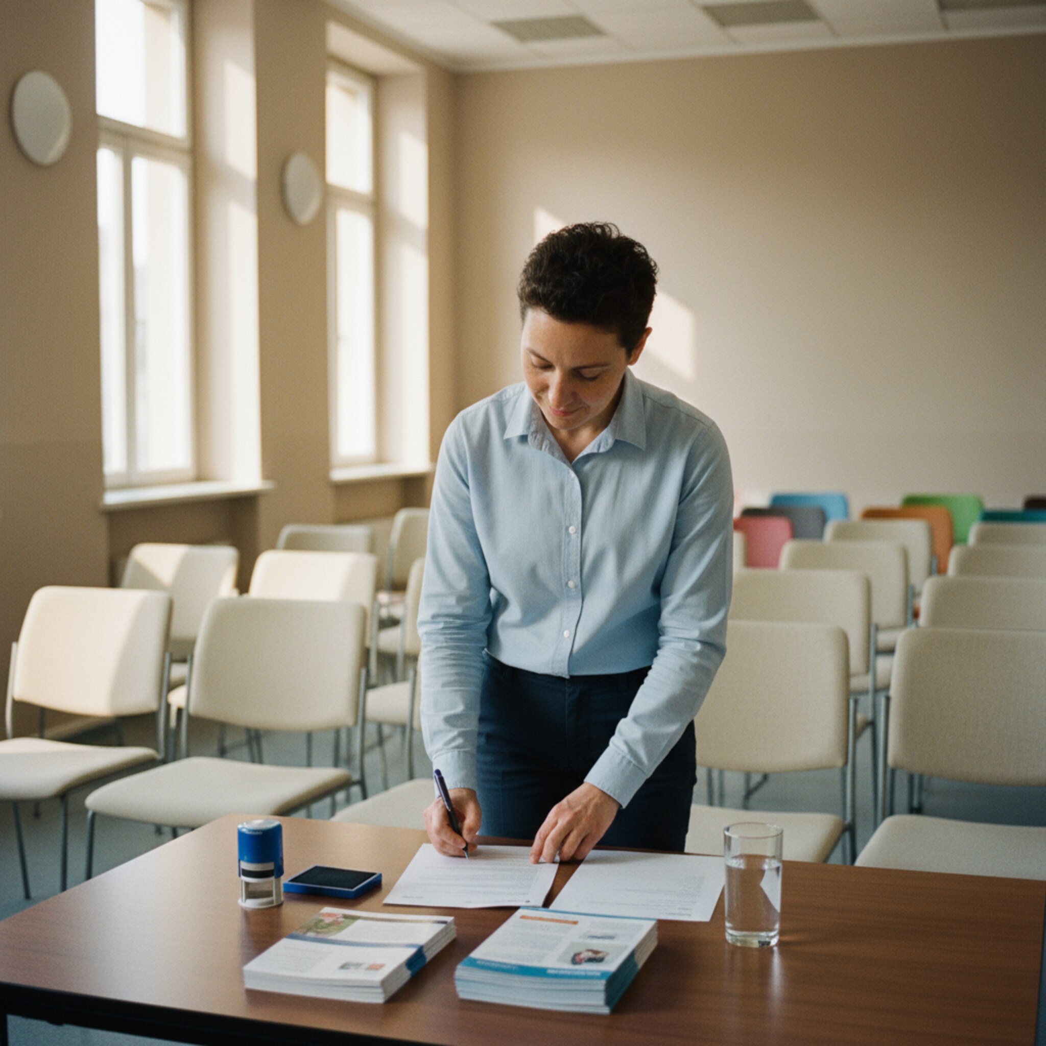 Ein Seminarraum mit einzelnen Stühlen und ausreichend Abstand. Auf einem vorderen Tisch liegen Informationsblätter und ein Stempelkissen, daneben ein Glas Wasser. Eine Person blättert konzentriert durch eine gedruckte Belehrung und setzt eine Unterschrift. Sonniges Tageslicht fällt durch hohe Fenster und erzeugt eine ruhige, geordnete Stimmung.