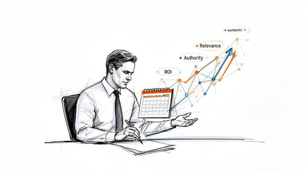 A man plans content with a calendar, analyzing business growth metrics like ROI and relevance.