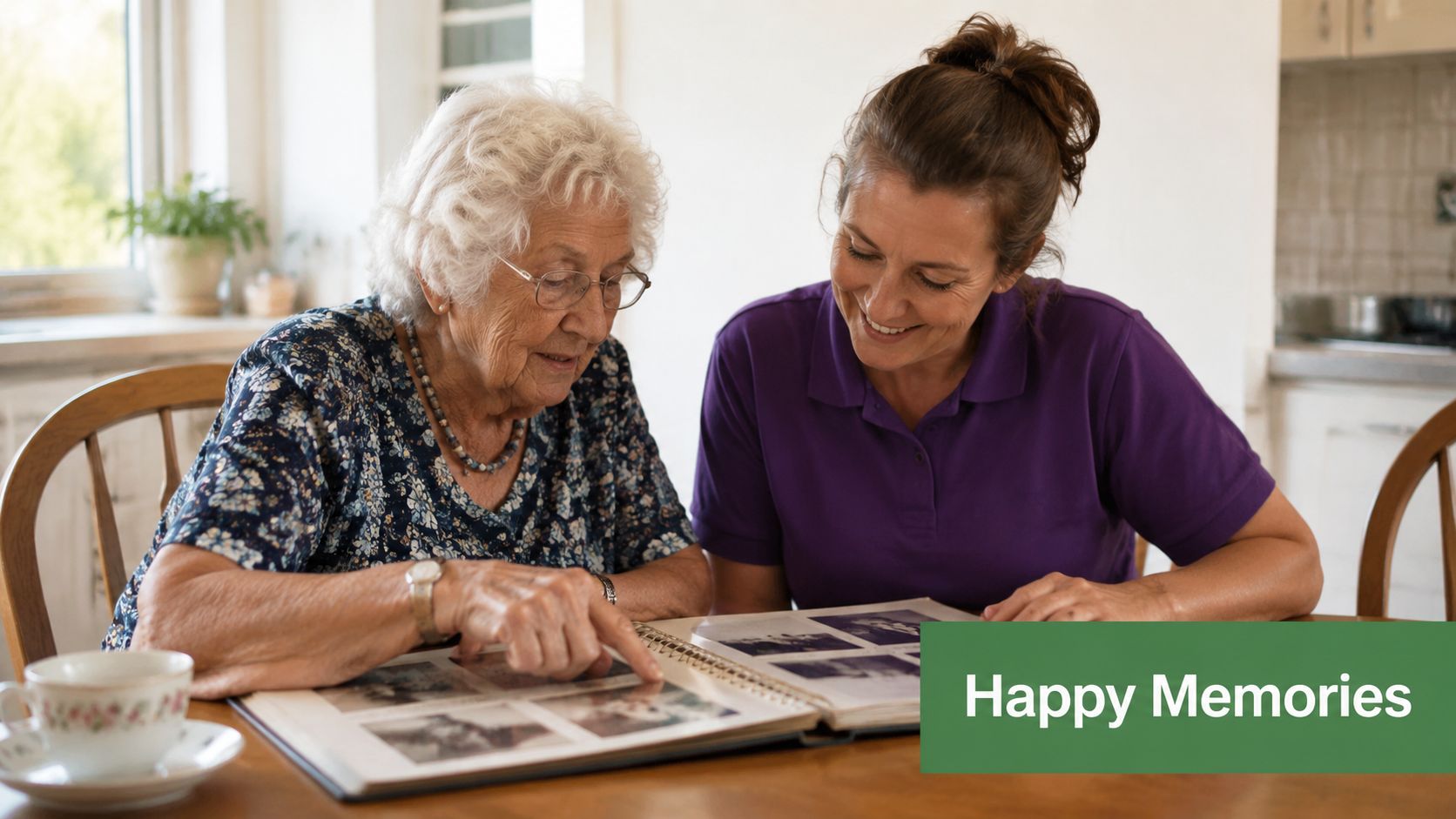An elderly woman with white hair looking at a photo album with her female caregiver at home.