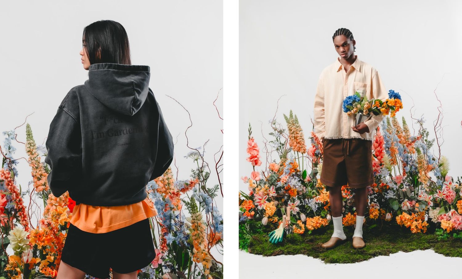 Shooting sur un parterre de fleur, femme de dos en noir, homme de face avec un short et une chemise jaune