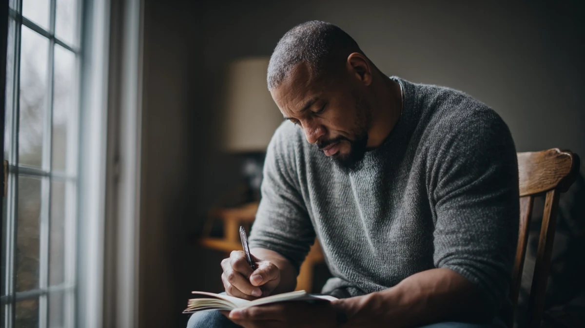 Man pausing while writing in journal