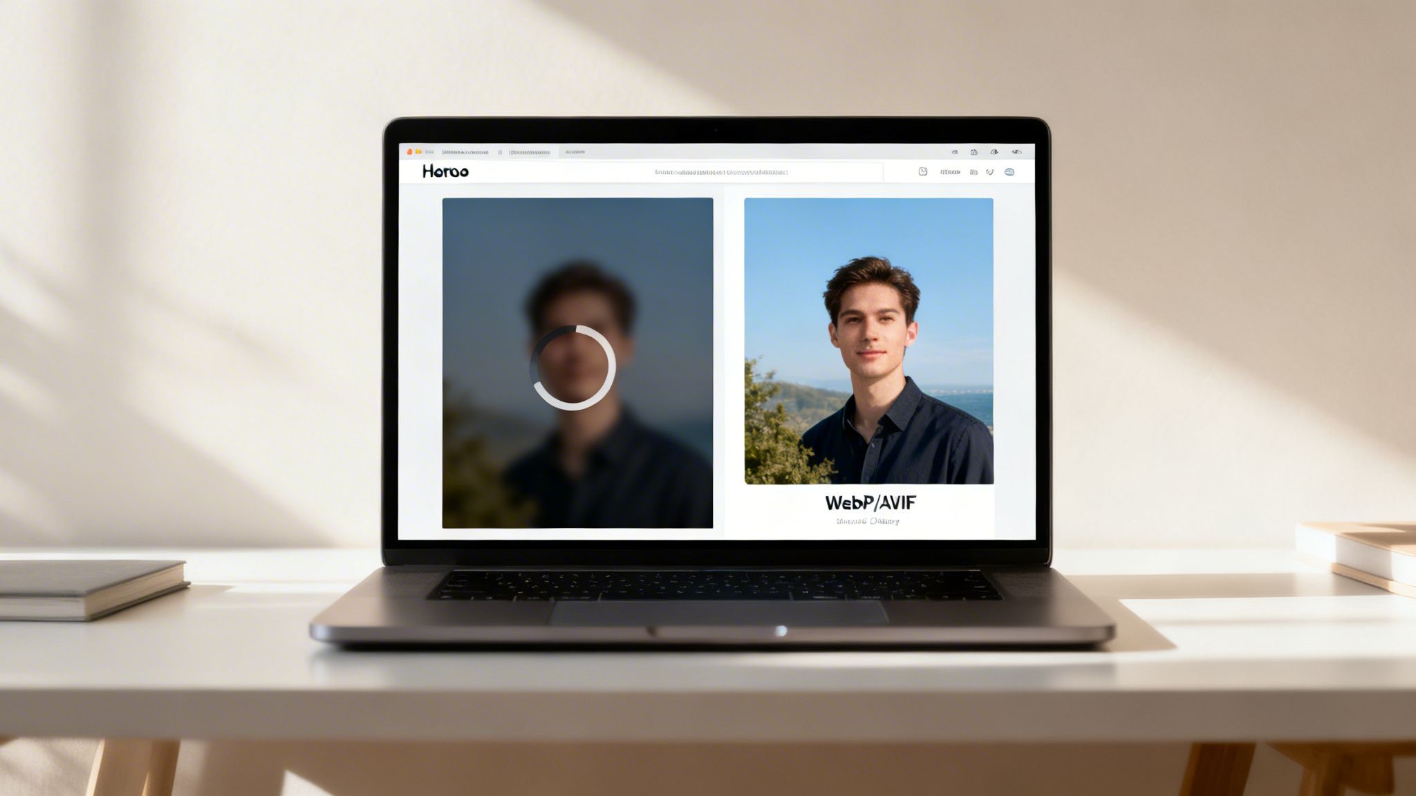 A laptop displays a website comparing a blurry image with a loading spinner to a clear image of a man, demonstrating web performance.