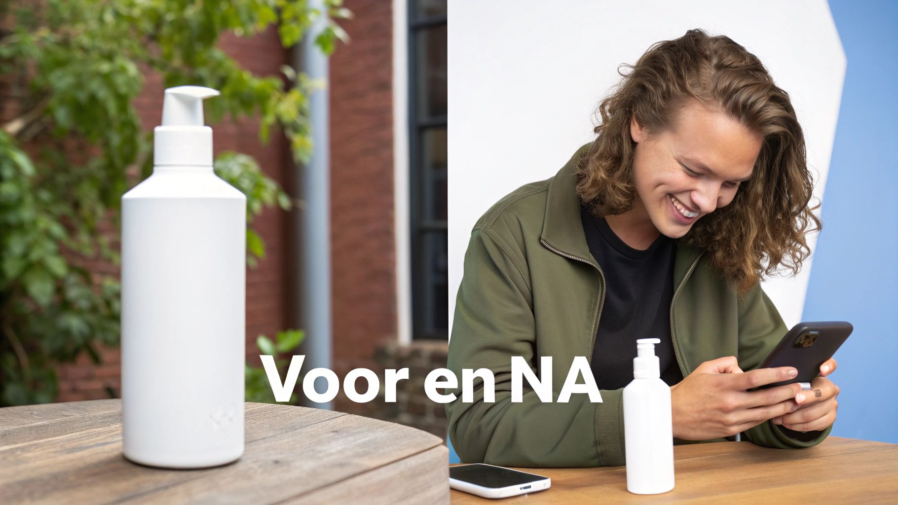 Een voor-en-na afbeelding van een witte pompflacon, links buiten en rechts de flacon naast een lachende man die een telefoon gebruikt.