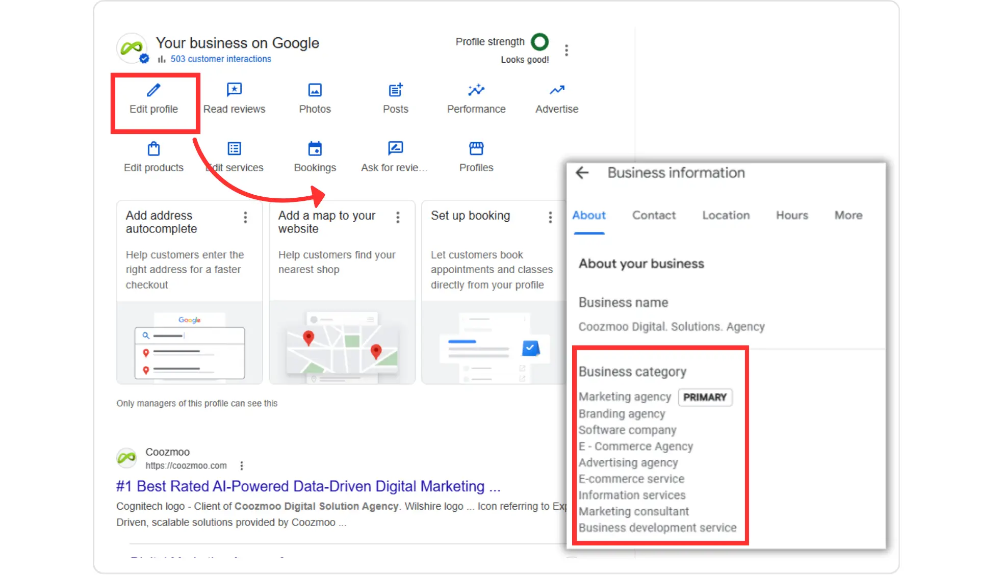 Interface for editing Google Business Profile categories to boost local ranking.