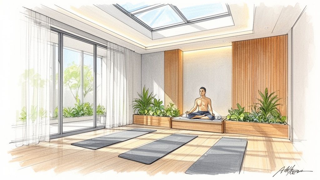 A serene architectural sketch of a yoga studio with natural light, plants, and a person meditating.