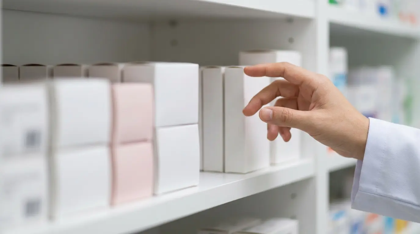 Hand of a pharmacist taking a box of medicine from a pharmacy shelf.