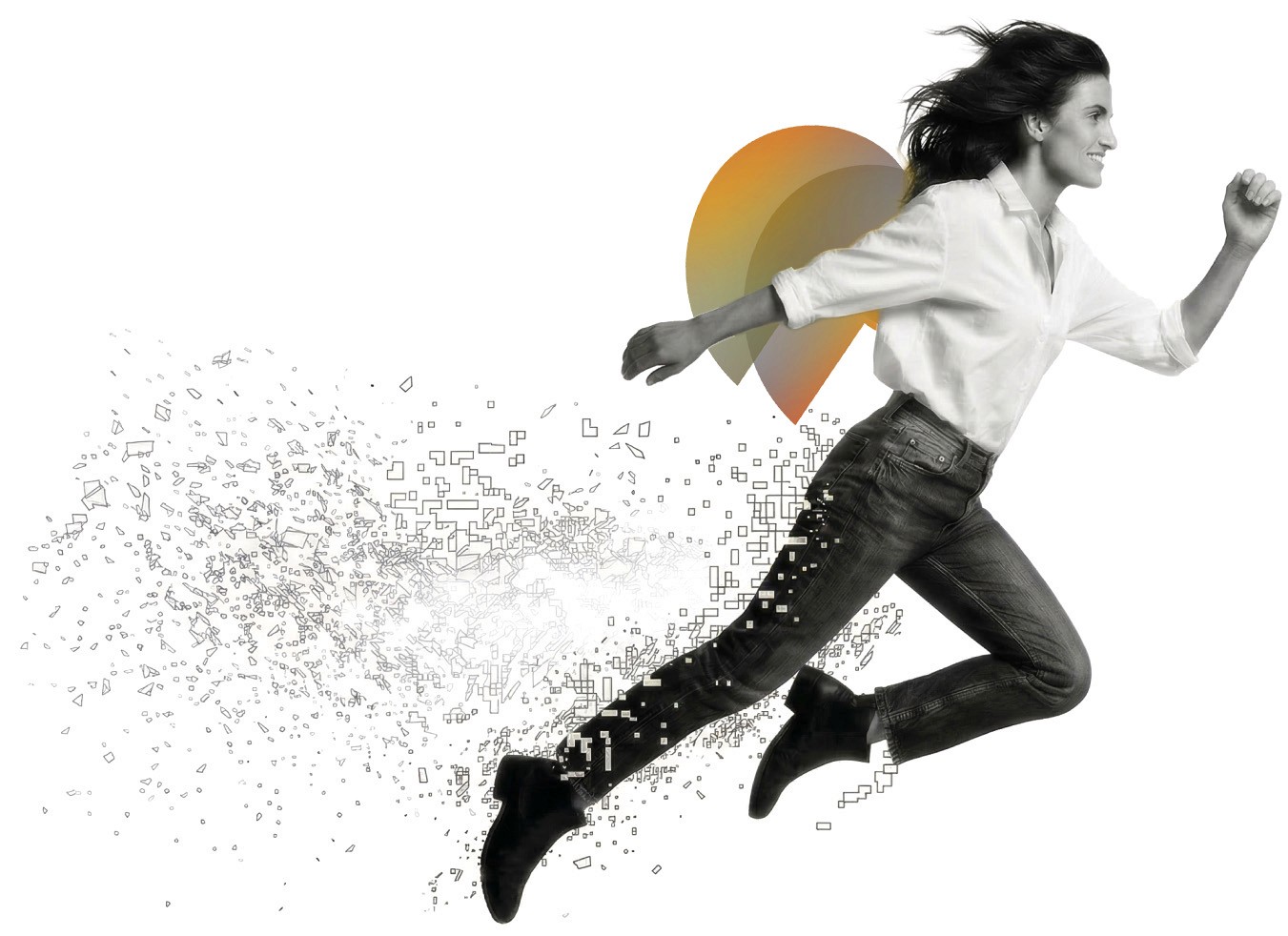 A young woman with phae wings flying across the screen, her body is flying away from AI pixels that are attempting to corrupt her.