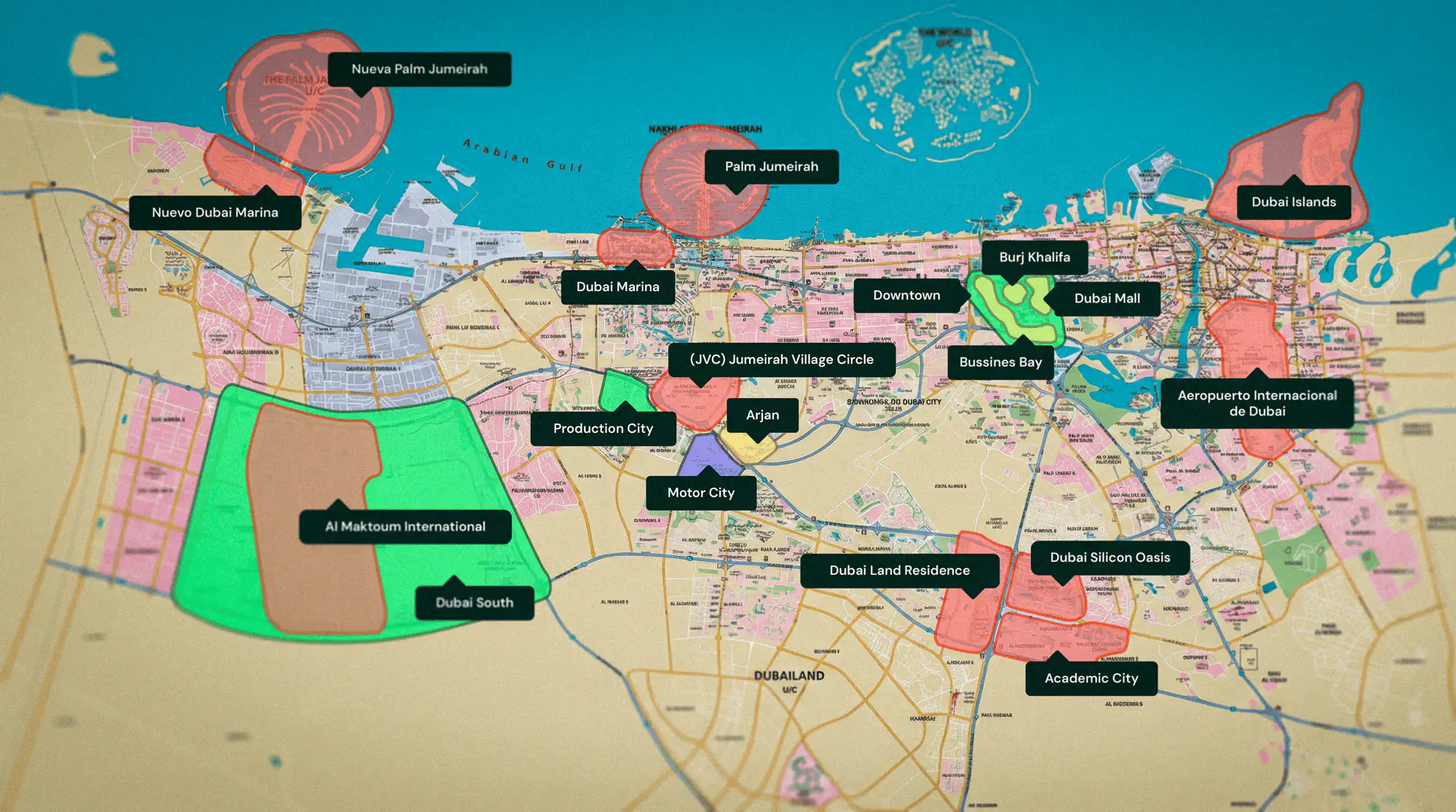 Mapa de Dubái con zonas destacadas para inversión inmobiliaria, incluyendo Downtown, Dubai Marina, Palm Jumeirah y Dubai South.