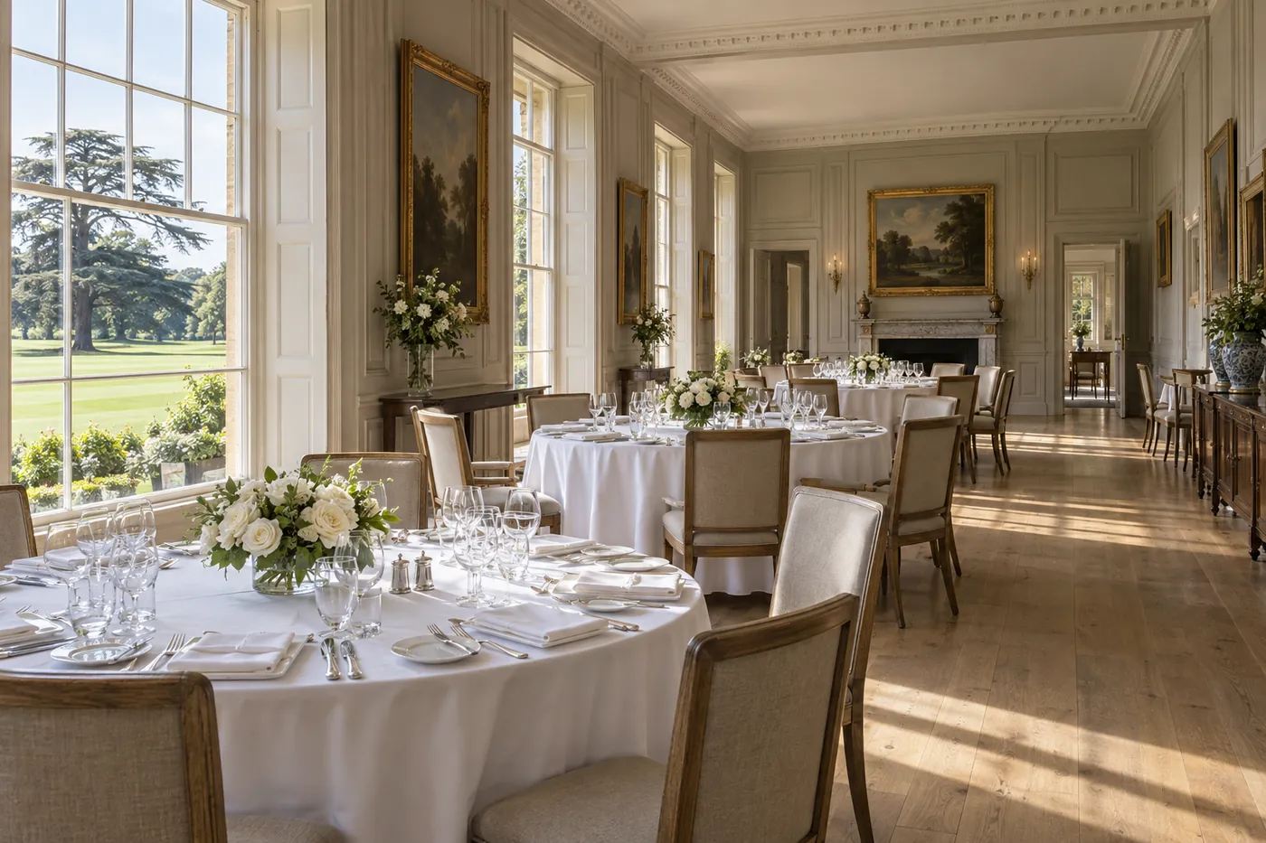 The Long Room laid for lunch, white linen and roses beneath tall sash windows onto the park