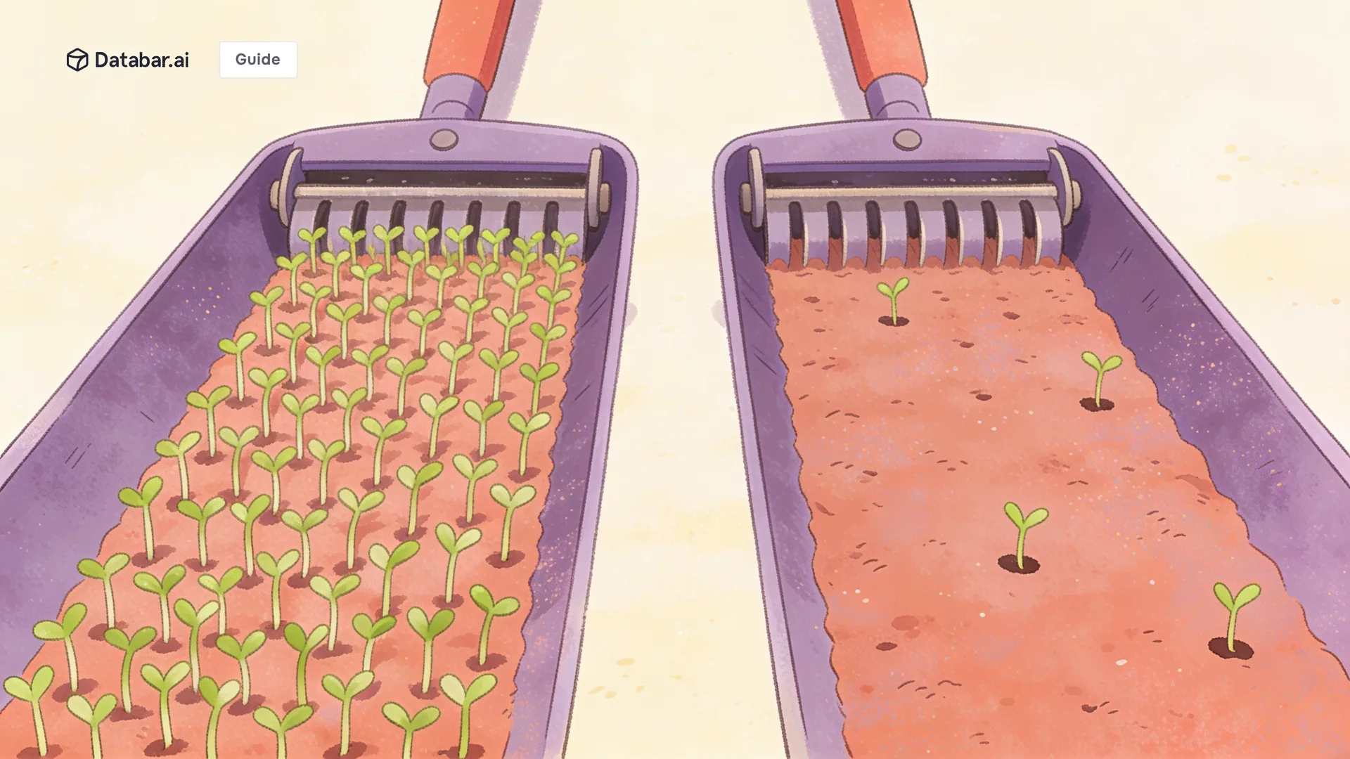 Illustration of two identical seed drills, one leaving a dense even run and the other sparse gaps — Sales Prospecting Methodology: Why Some Teams Book 47 Meetings While Others Get 12