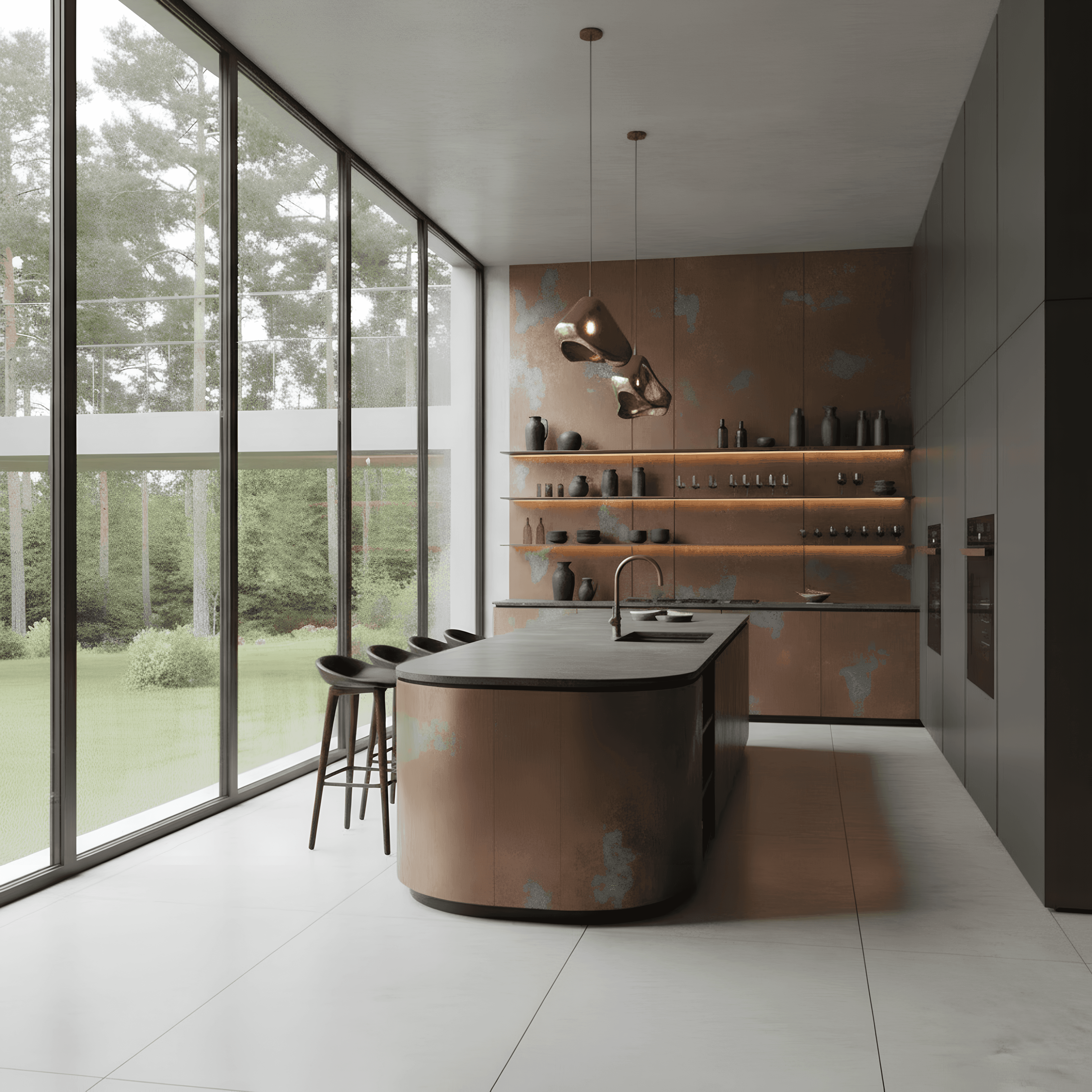 open plan kitchen with forest view, natural lighting, cyprus interior architecture and design, WELL standard by topos design studio