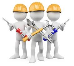 Graphic showing three service professionals or repair specialists representing labor, craftsmanship, and maintenance work.