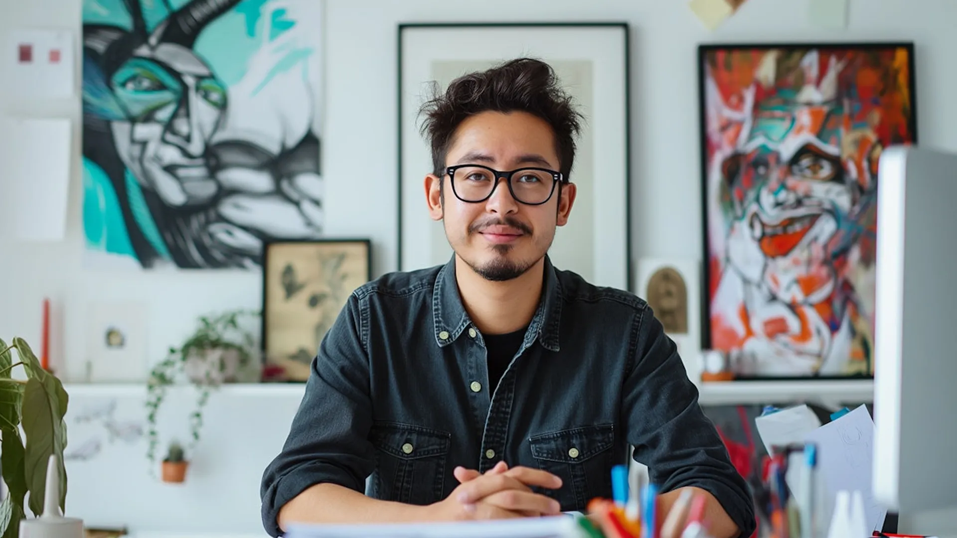 Asian man with glasses in a creative workspace, surrounded by colorful abstract art and stationery on a cluttered desk.