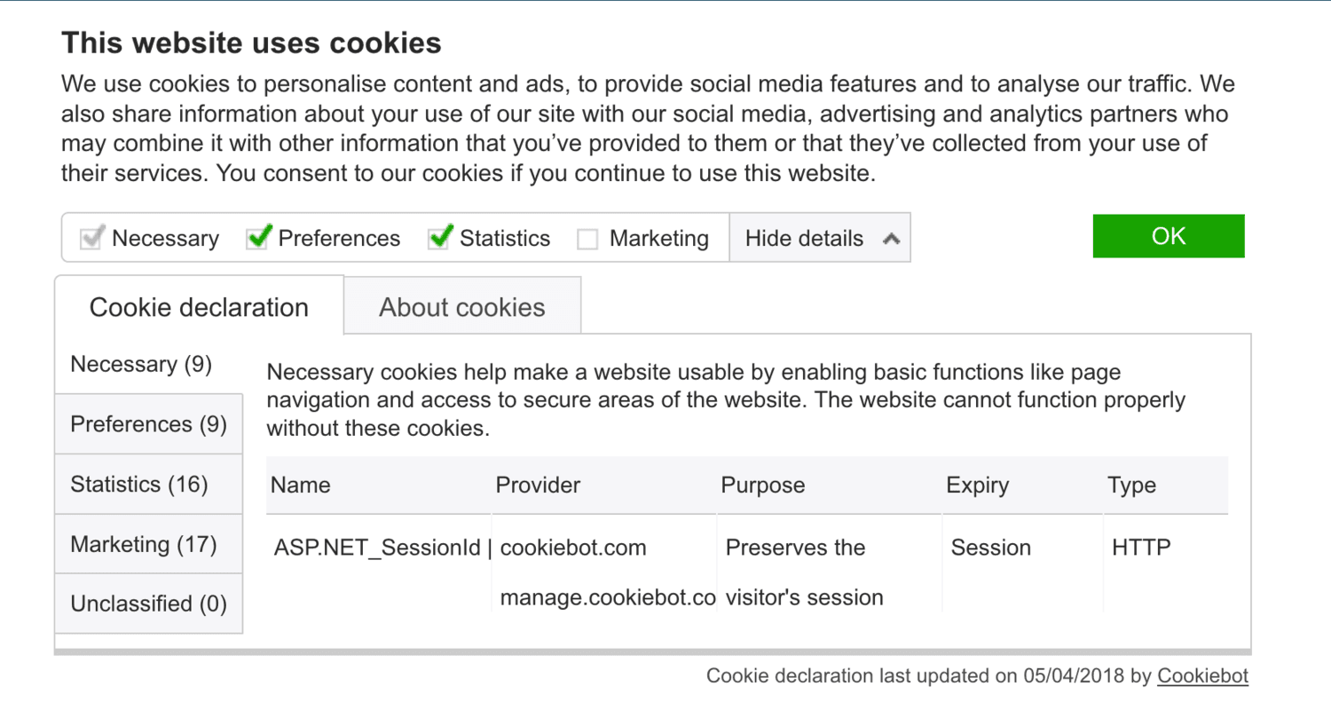 GDPR: What Growth People Need To Know - Cookie consent form cookiebot expanded