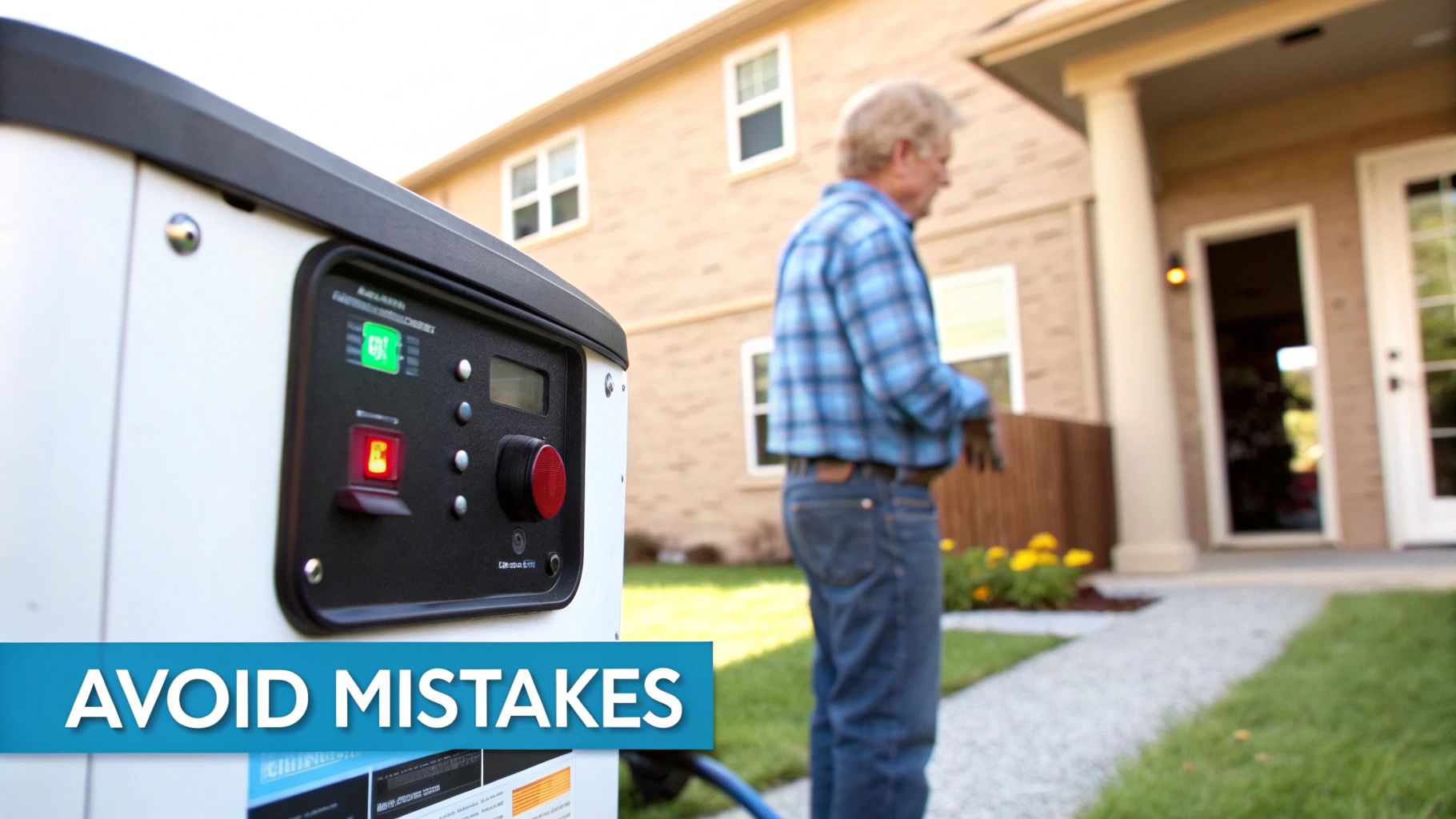 a close up of a generator with a elderly man in the background