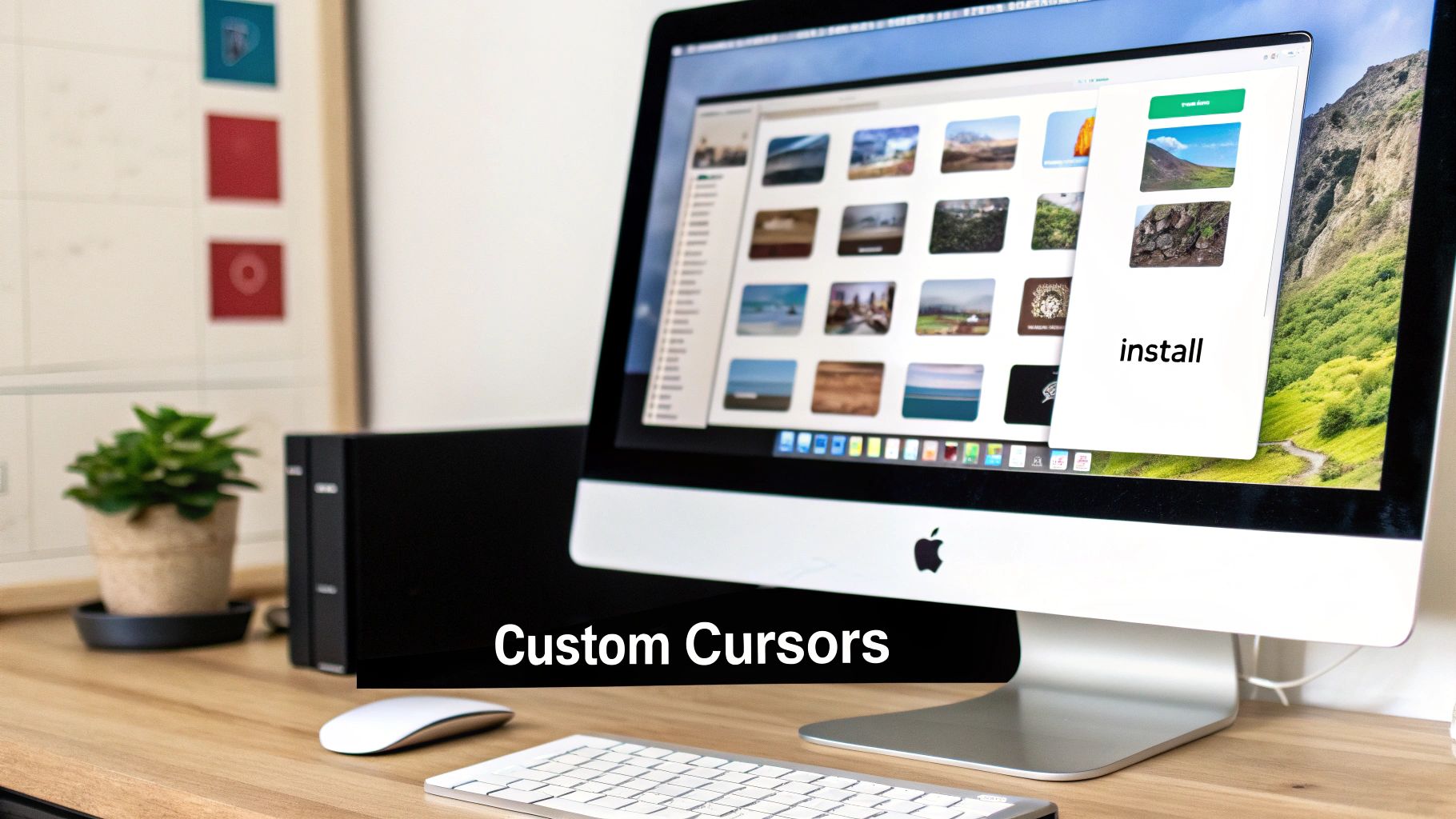 A close-up of a Mac computer screen displaying a custom cursor installation interface with a mouse and keyboard on a desk.