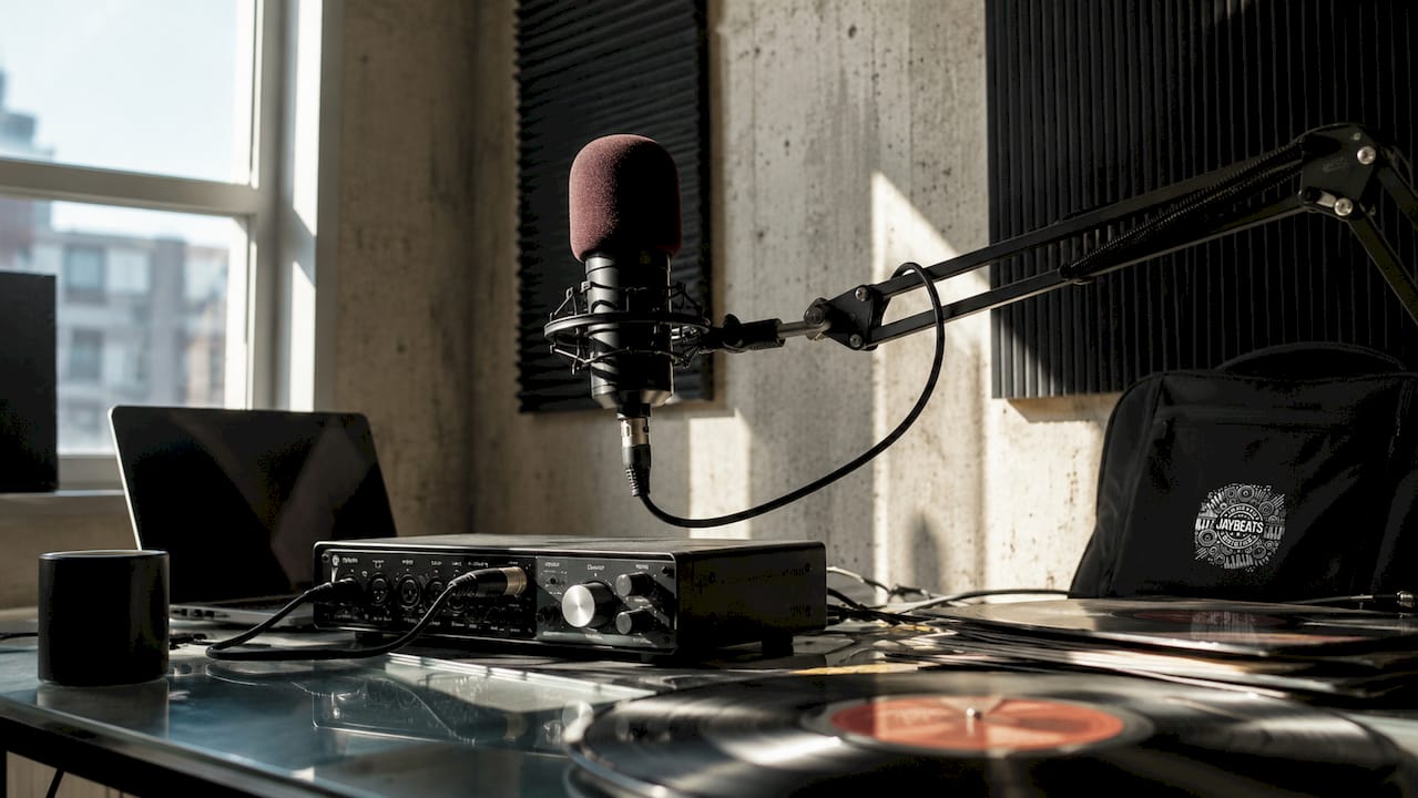 XLR mic and audio interface in home studio