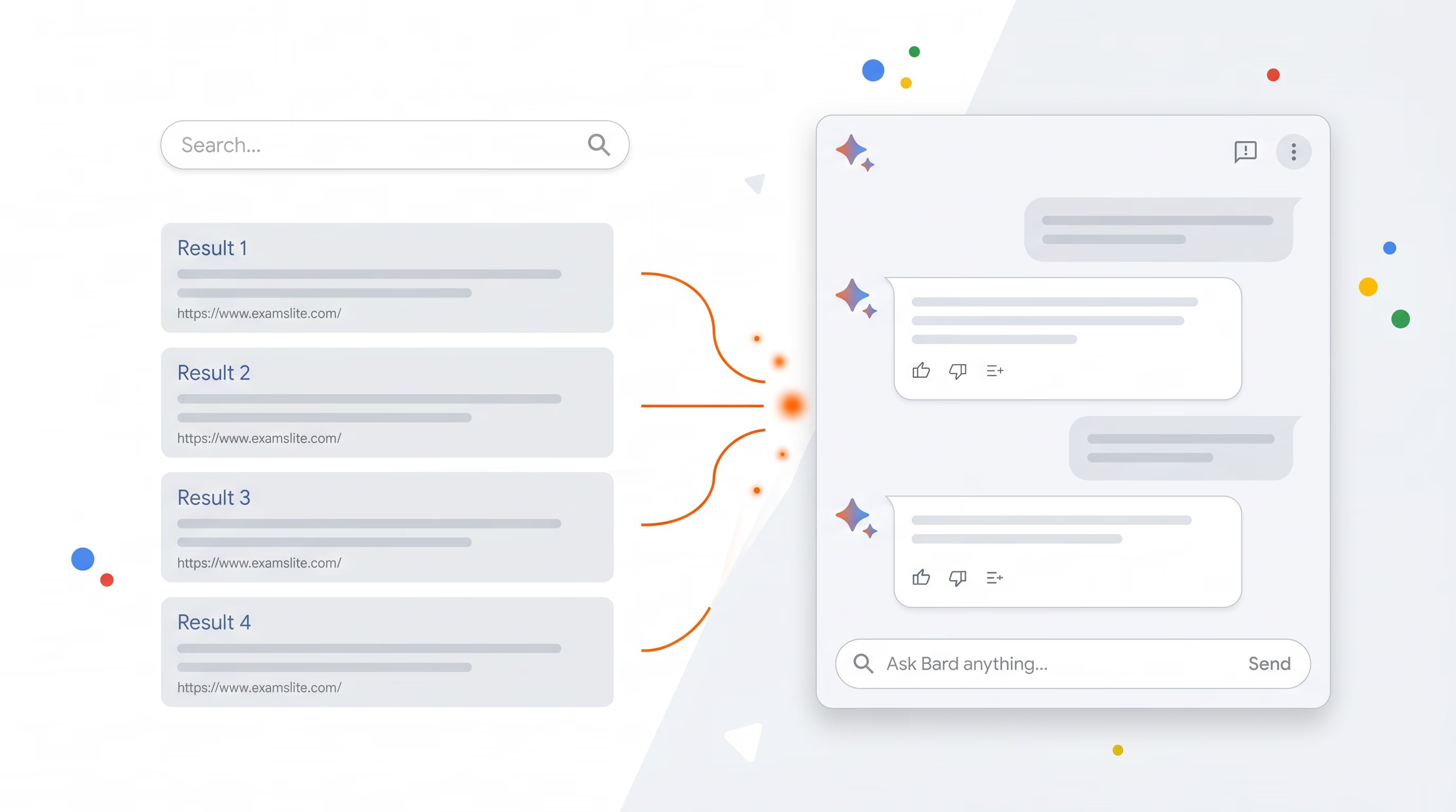 Ilustrasi Google Search berubah menjadi chatbot AI percakapan dengan aksen oranye minimalis.