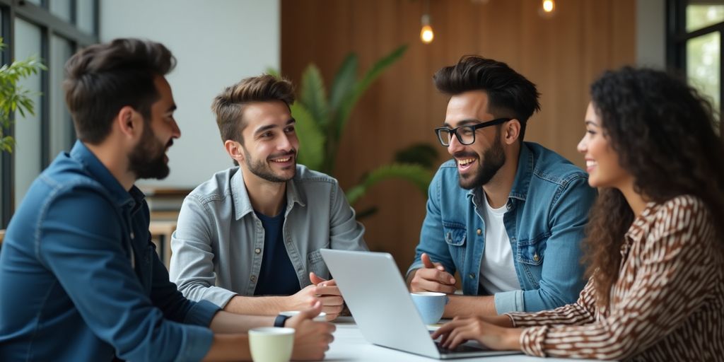 Diverse team in a meeting discussing product-market fit strategies.