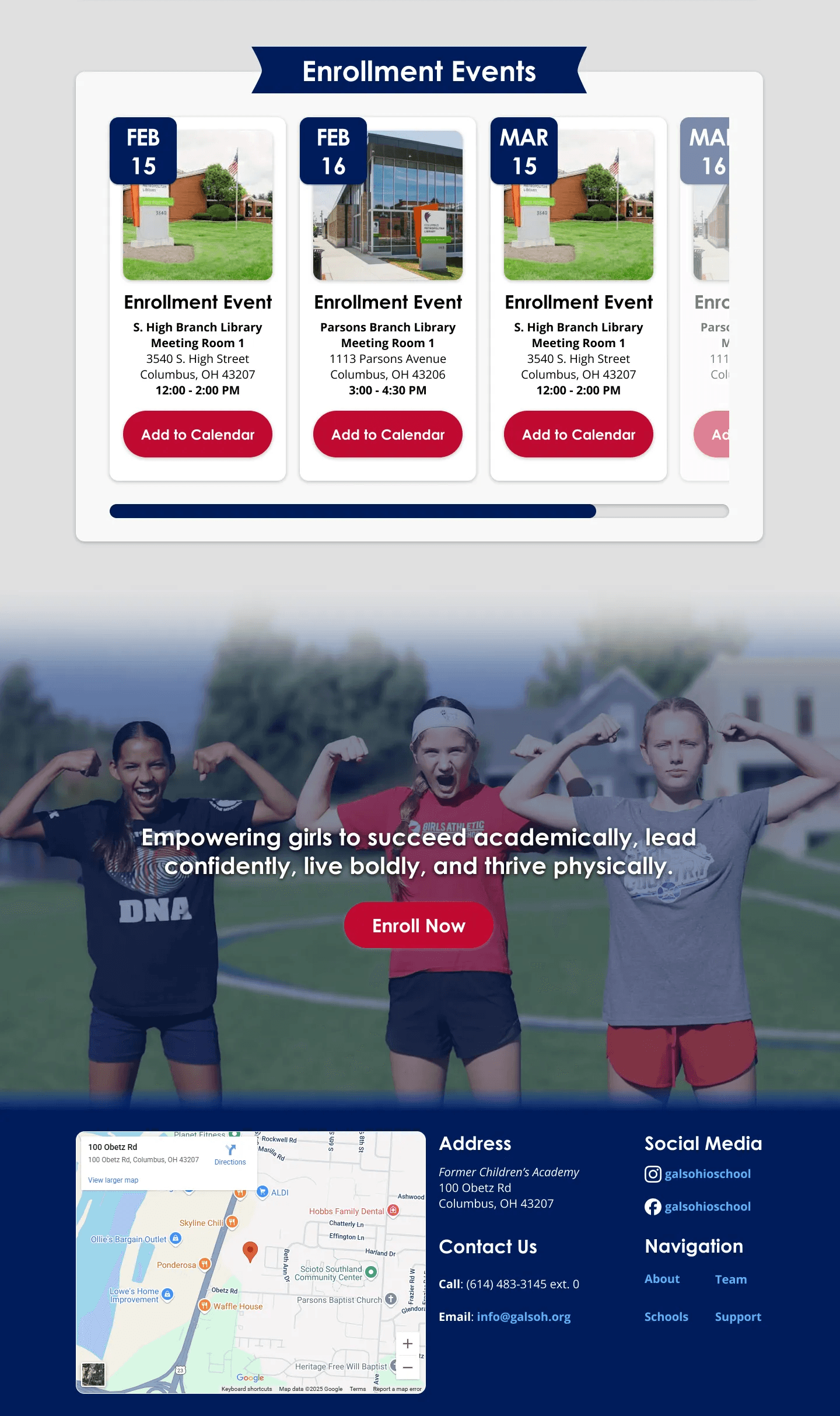 Landing page sections introducing GALS Ohio’s mission, enrollment events, and supporting information in a clear scrolling sequence.