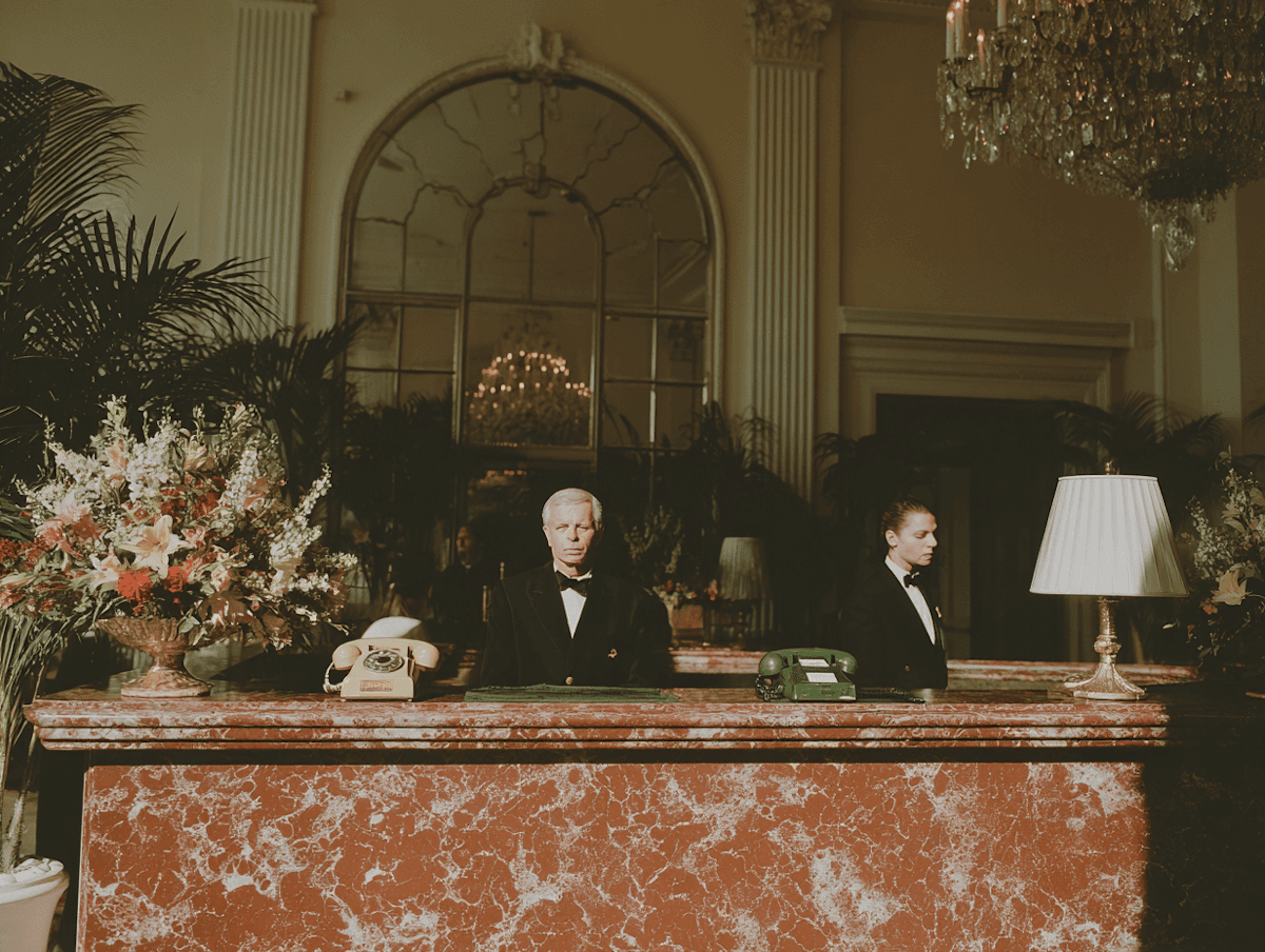 Two men in formal wear at a marble hotel reception desk.