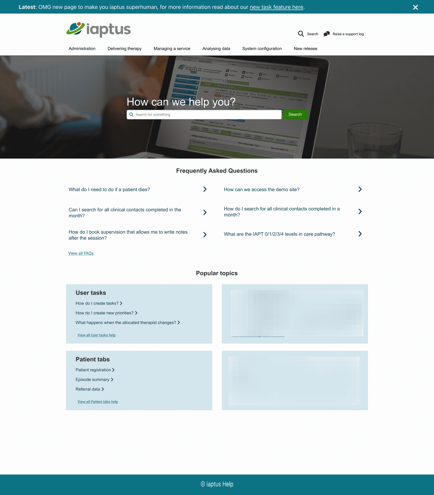 Redesigned Help Centre homepage with a clean layout, search bar, frequently asked questions, and clearly categorised popular topics for improved usability.